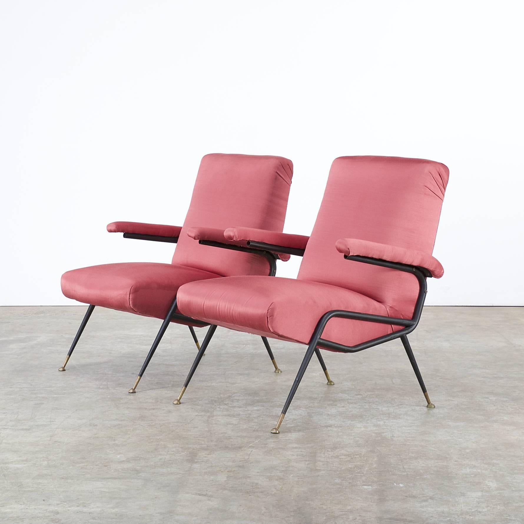 Lacquered 1960s Italian Design Chair in Old Red Fabric, Set of Two For Sale