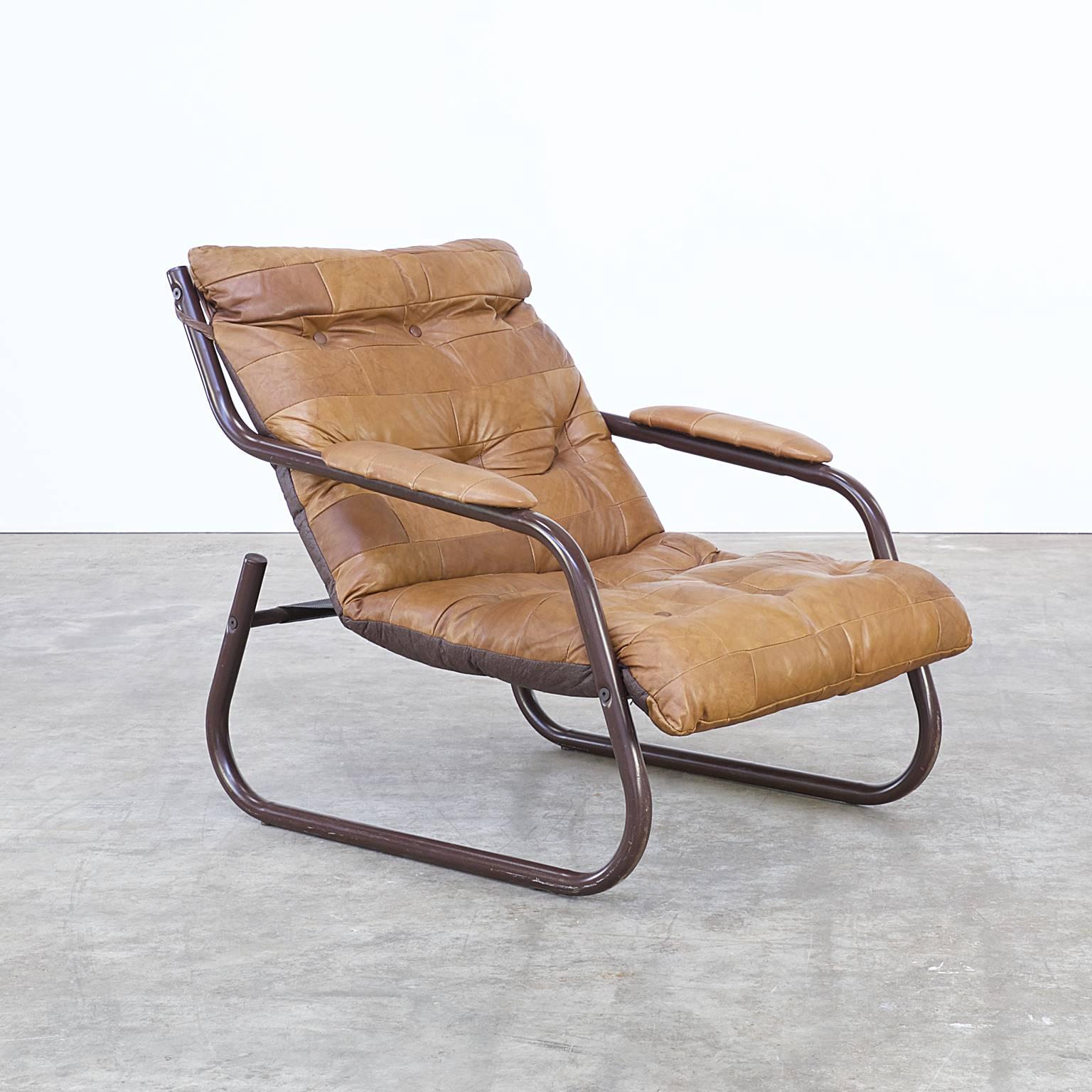 Mid-Century Modern 1970s Lounge Chair Cognac Leather Patchwork Fauteuil For Sale