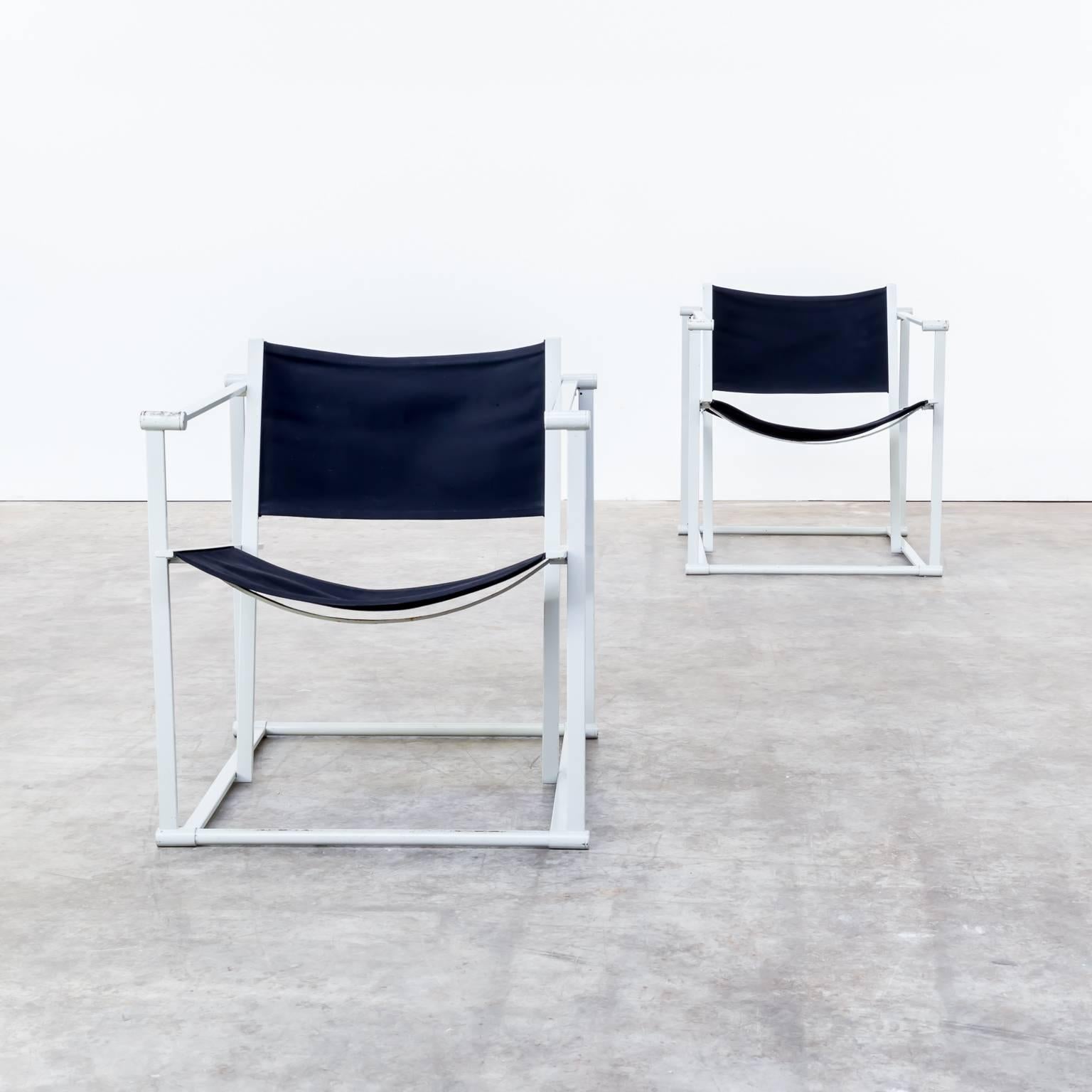 Set of two Radboud Van Beekum FM60 cubic chairs for Pastoe. Off-white frame, reupholstered new black canvas. Good condition, firm, consistent with age and use. Dimensions: 61cm W x 67cm D x 66 H, seat 33cm.