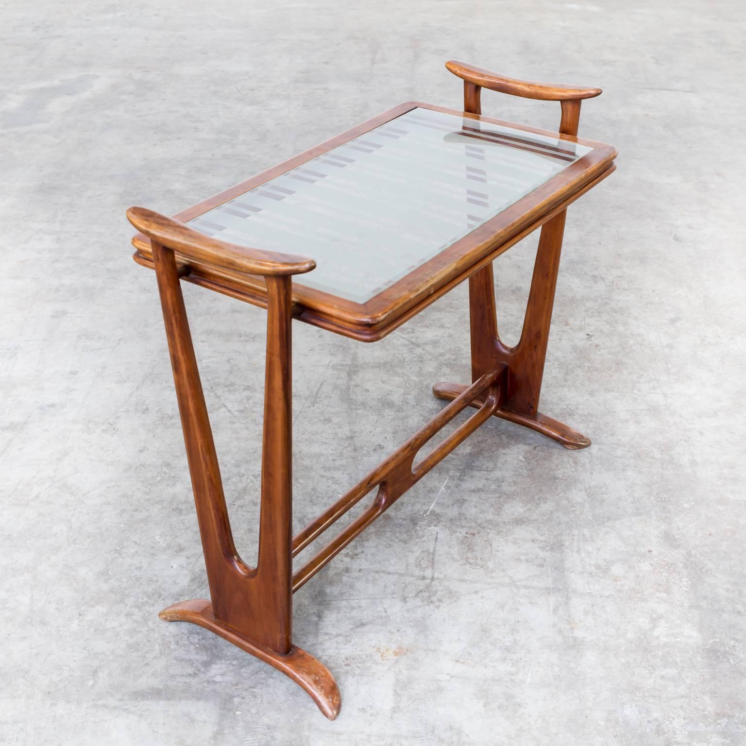 Mid-20th Century 1950s Rosewood Side Table Glass Tabletop in the Style of Gio Ponti For Sale