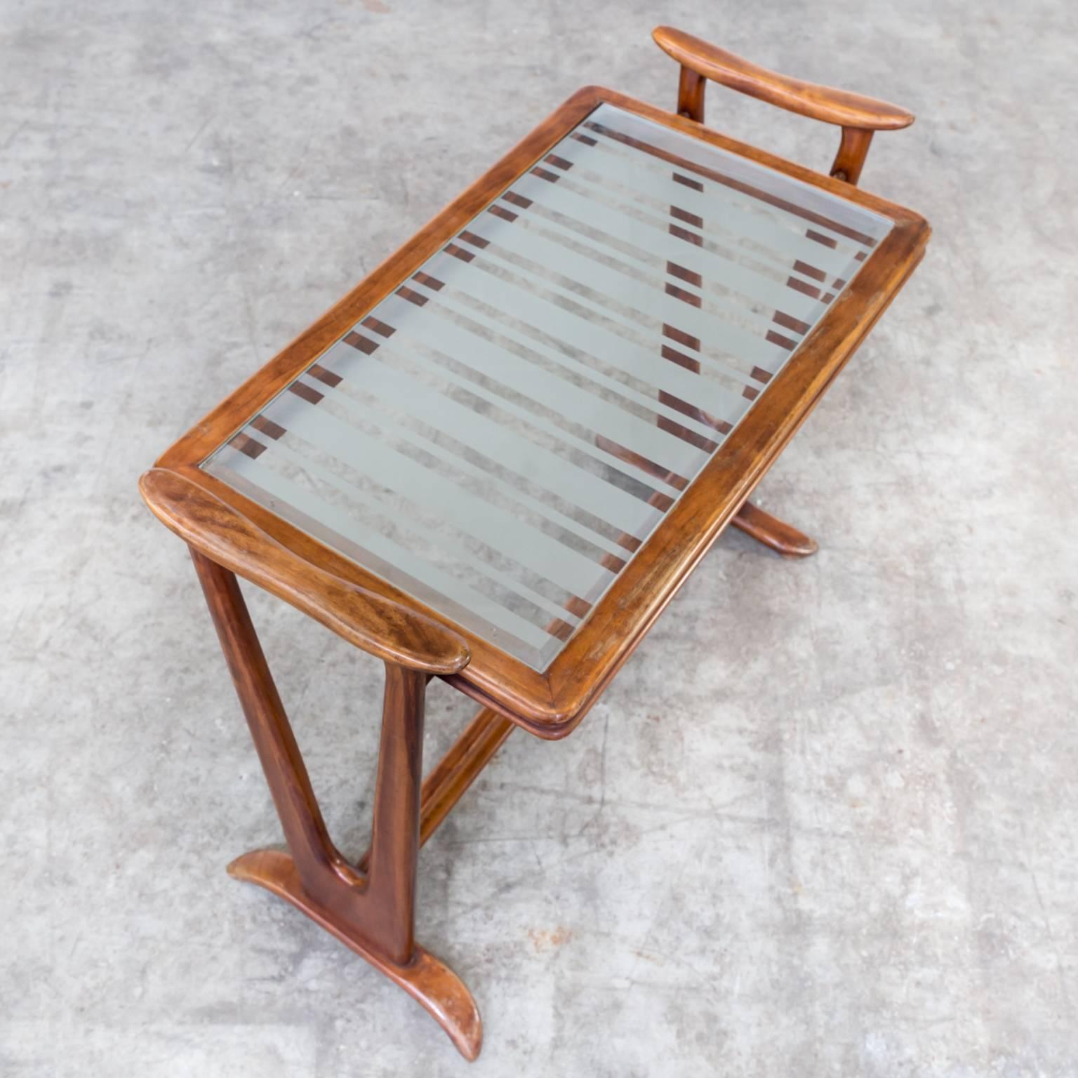 1950s rosewood side table glass tabletop in the style of Gio Ponti. Good condition, wear consistant with age and use. Beautiful half frosted glass. Dimensions: 71cm (W) x 35cm (D) x 60cm (H).