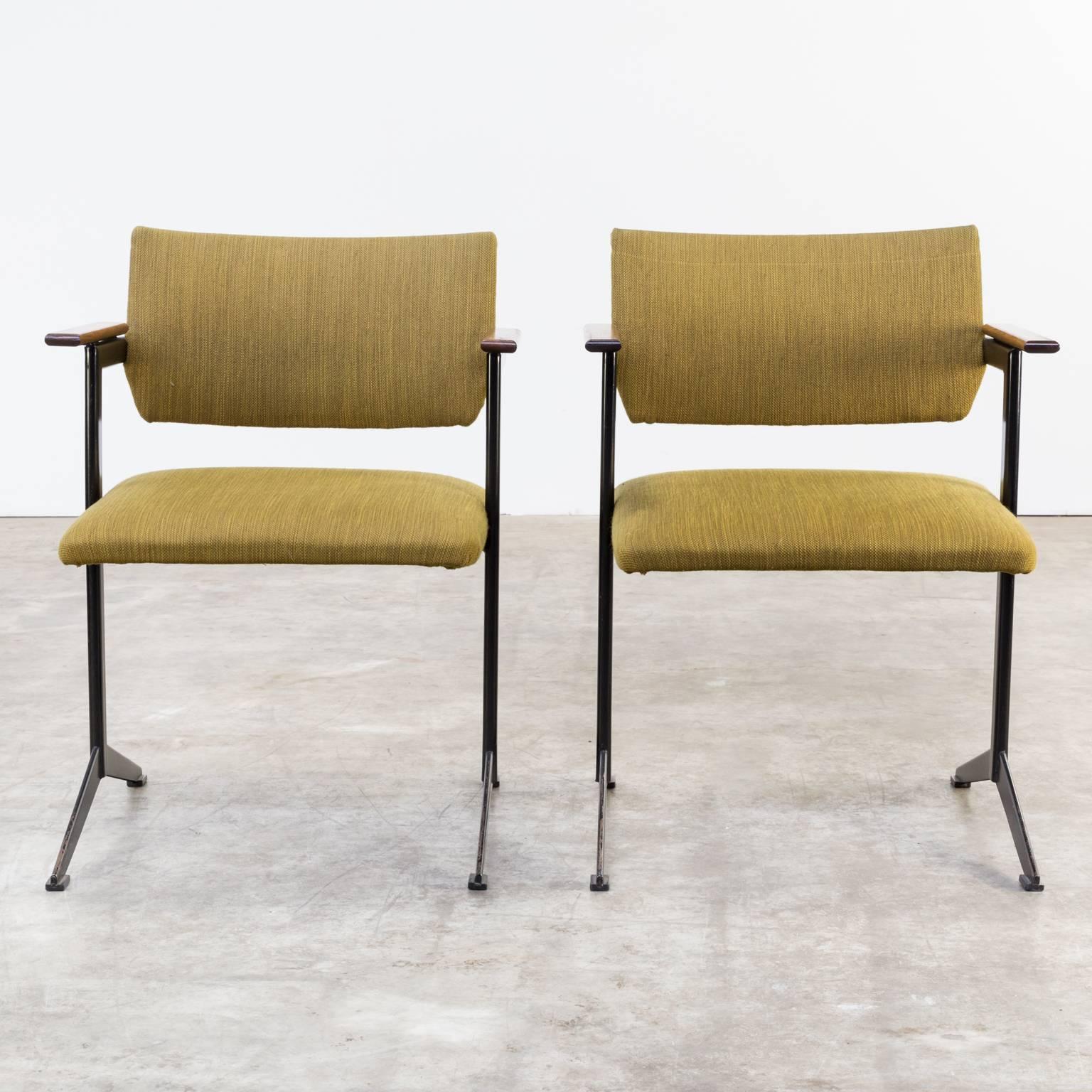 One set of two 1960s Friso Kramer ‘Ariadne series’ chairs for Auping. Metal, teak armrests, fabric. Both chairs in good condition, wear consistent with age and use. Dimensions: 60.5cm (W) x 60cm (D) x 82cm (H) seat h 47cm.