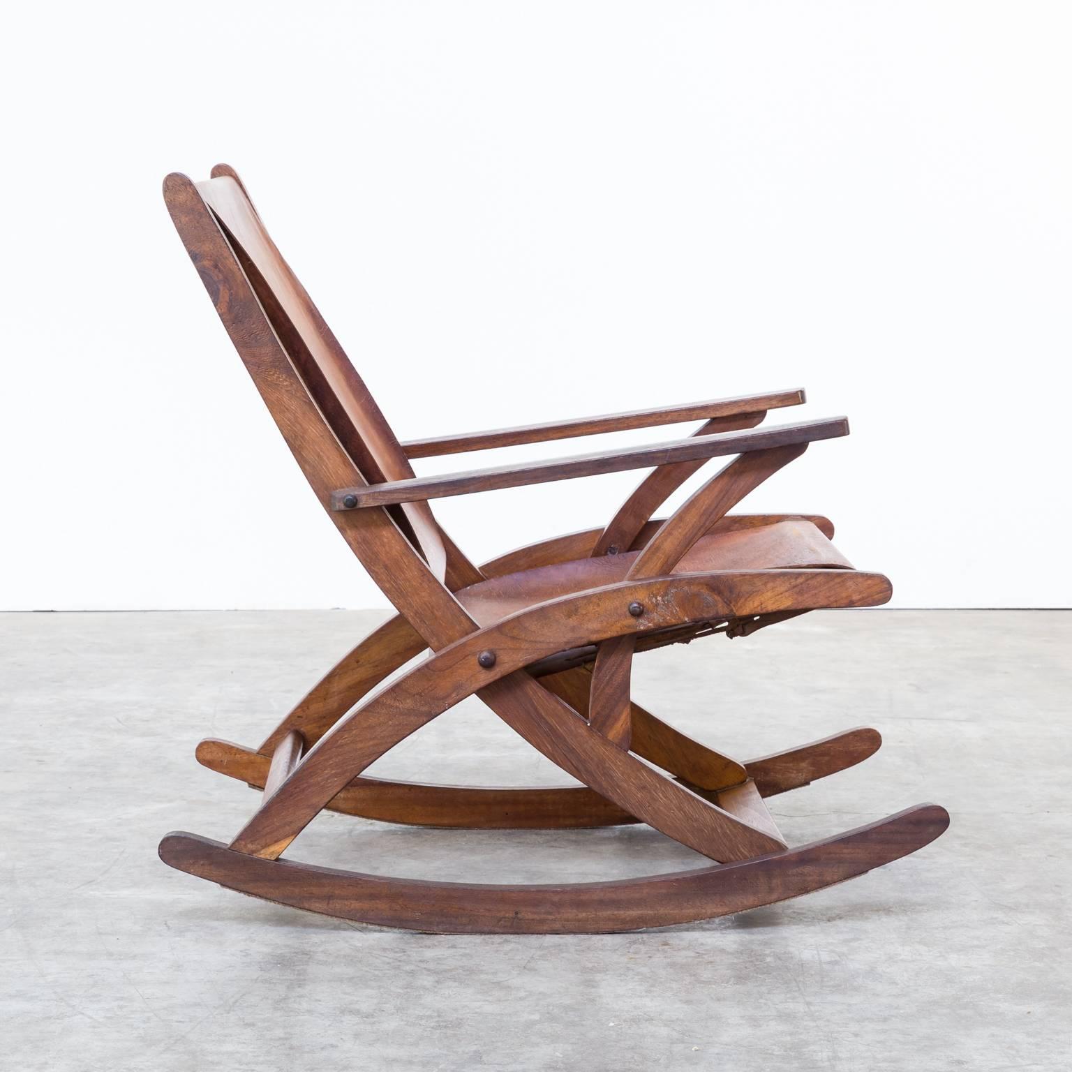 Mid-Century Modern Mid-Century Oak and Saddle Leather Rocking Chair For Sale