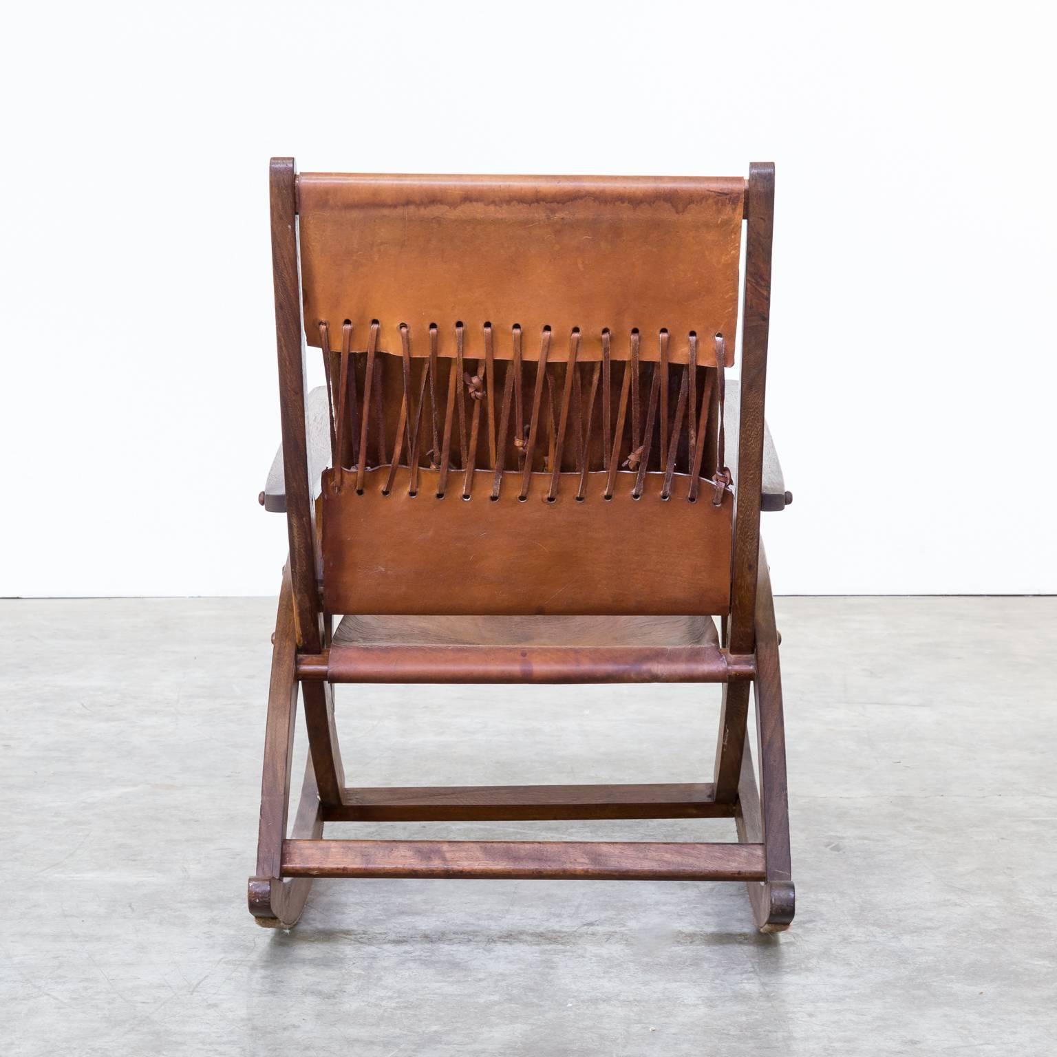 Unknown Mid-Century Oak and Saddle Leather Rocking Chair For Sale