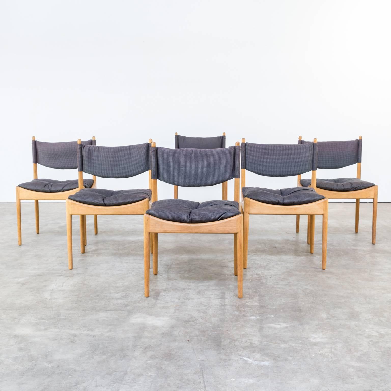 One set of six 1960s Kristian Solmer Vedel dining chairs for Soren Willadsen. Grey fabric, oak frame. Good condition, wear consistant with age and use. Dimensions: 49cm (W) x 44cm (D) x 79cm (H) seat 41cm.