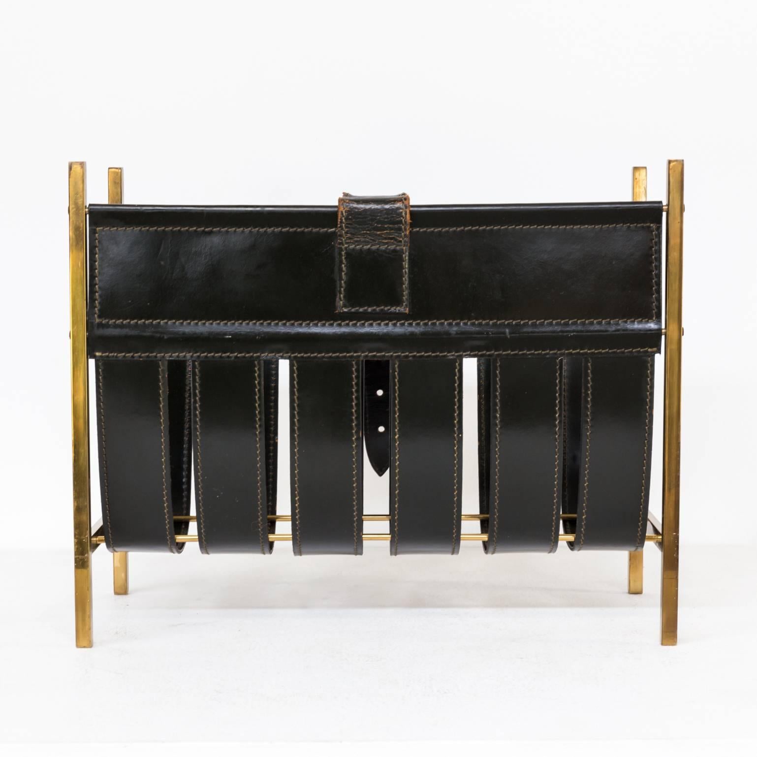1960s Jacques Adnet Magazine Holder Copper, Leather For Sale 2