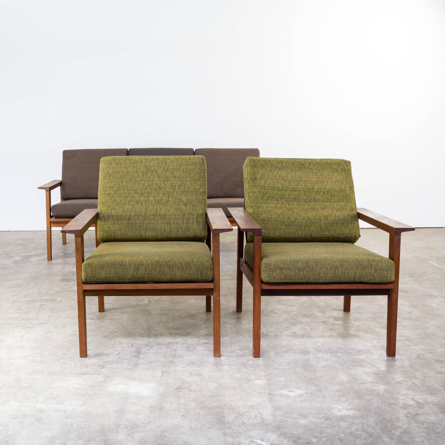 Mid-Century Modern 1960s Teak Seating Group One Three-Seat Sofa, Two Fauteuils For Sale