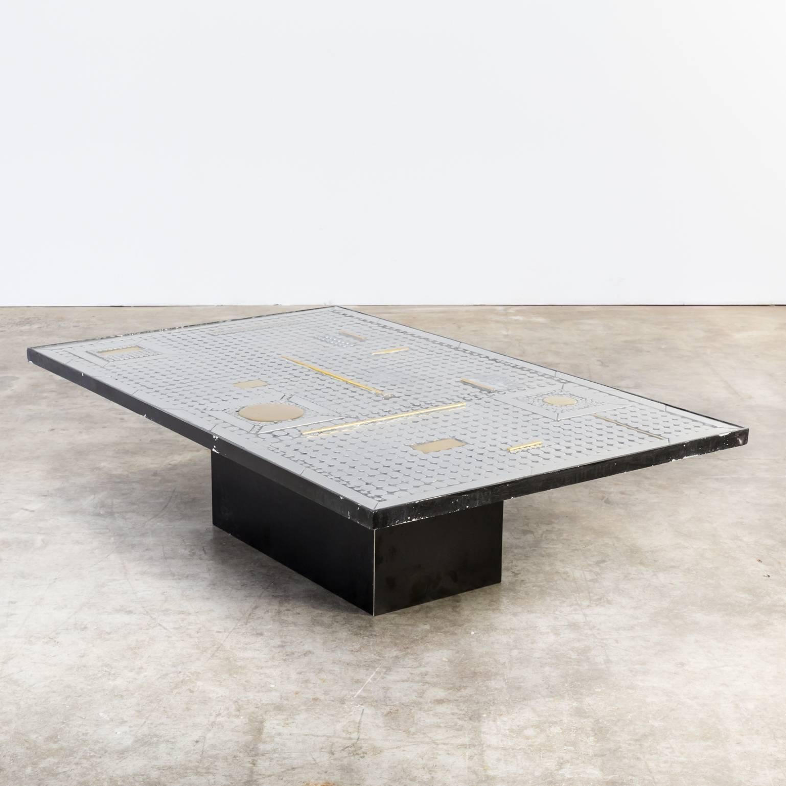 Mid-Century Modern Brutalist Coffee Table Brass and Metal Art Attributed to Raf Verjans For Sale