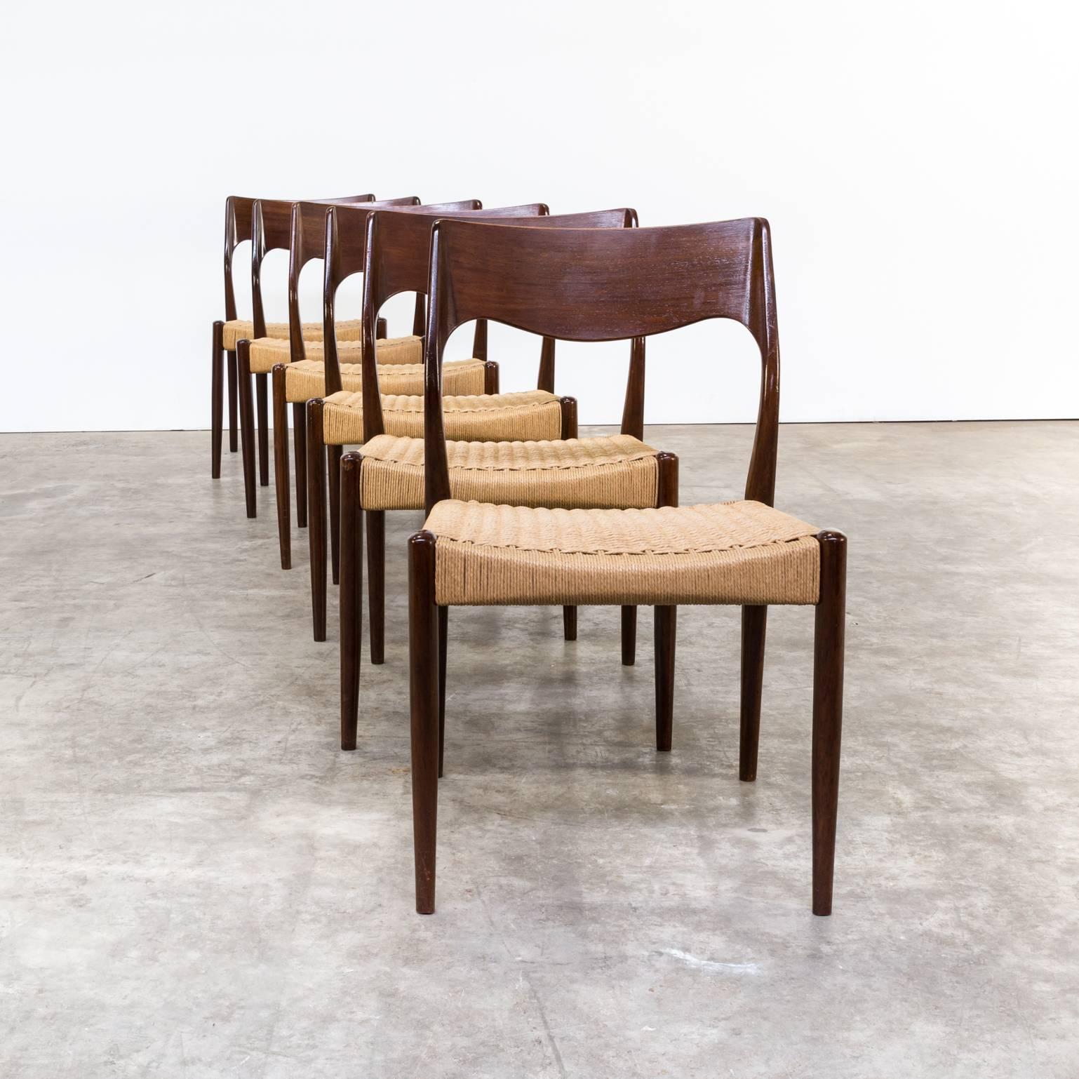 1960s Niels Otto Møller model 71 dinner chairs for J.L. Møller, set of six, model 71 in rosewood frame and papercord seat. Good condition wear consistent with age and use.