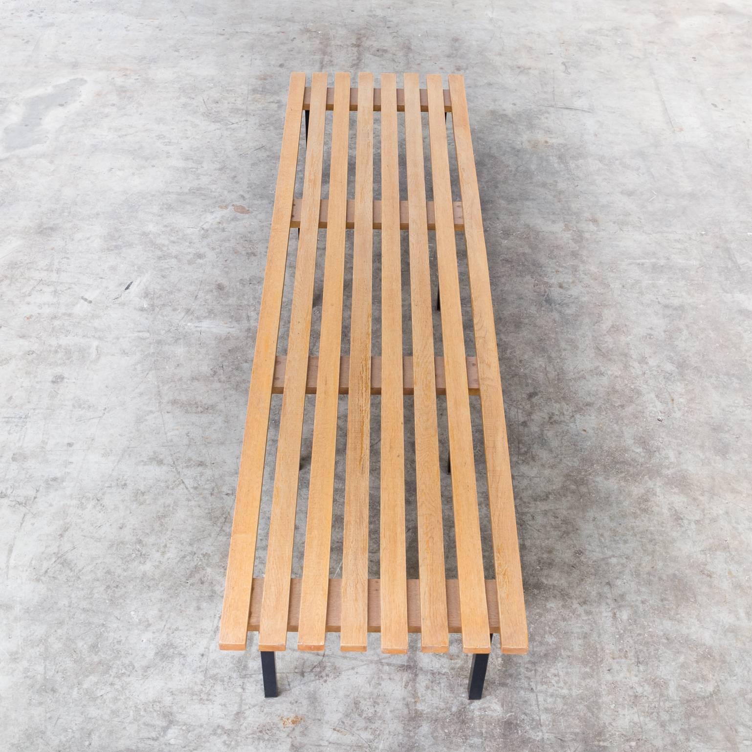 Midcentury Wooden Slatted Bench with Fabric Cushion For Sale 2