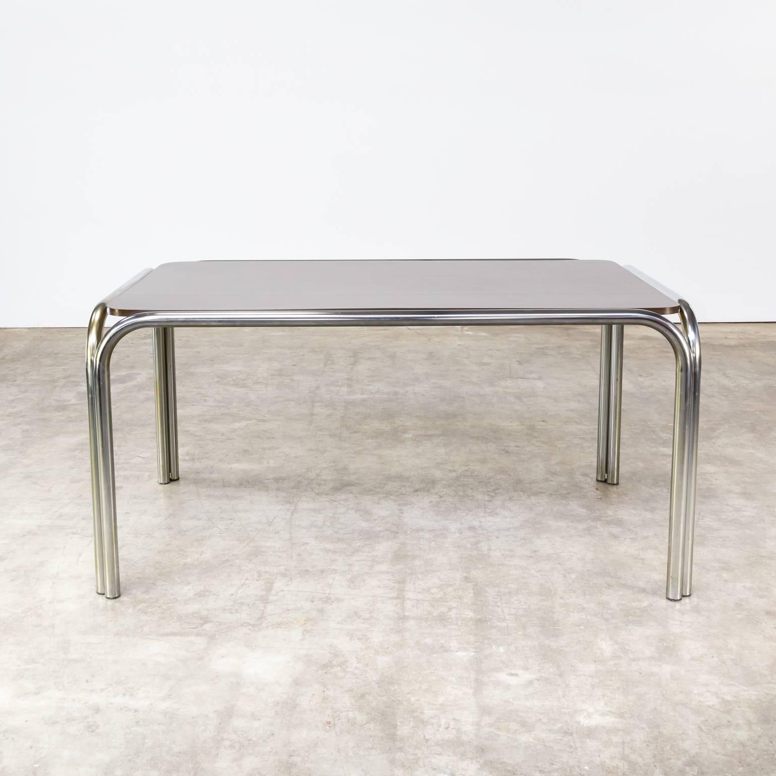 1970s tube frame design dining table. Chrome framing with beautiful patina, tabletop good, wear consistent with age and use.