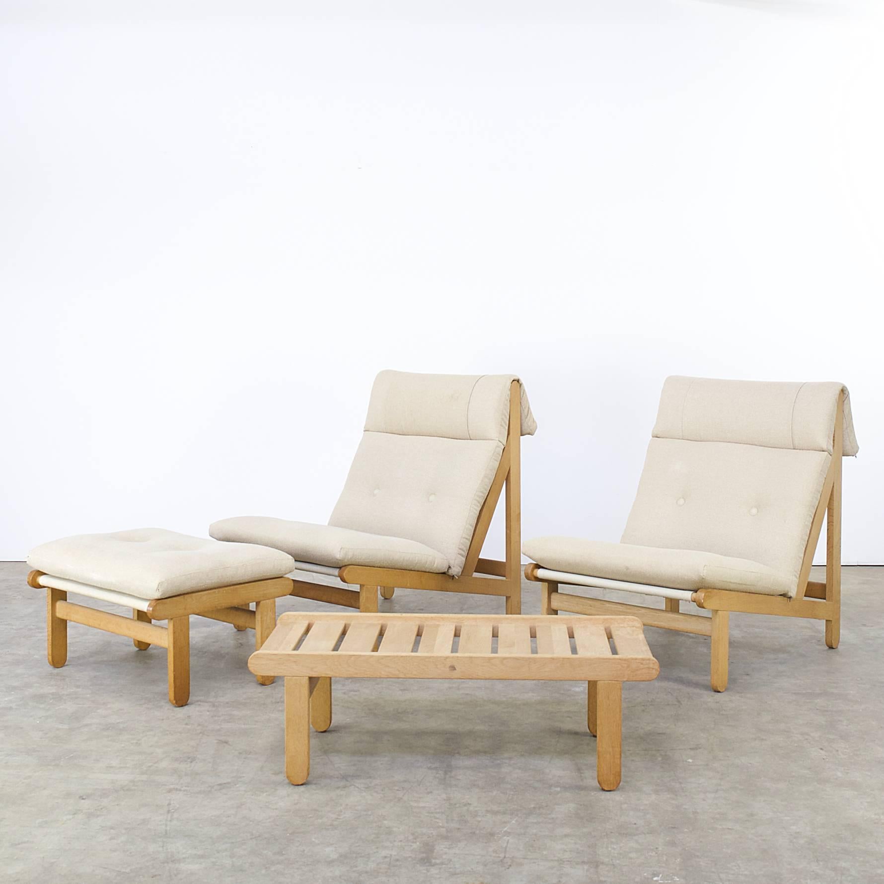 1960s Bernt Petersen ‘A Frame’ fauteuils, ottoman and coffee table for Schiang! Complete and unique set. Good condition, wear consistent with age and use.