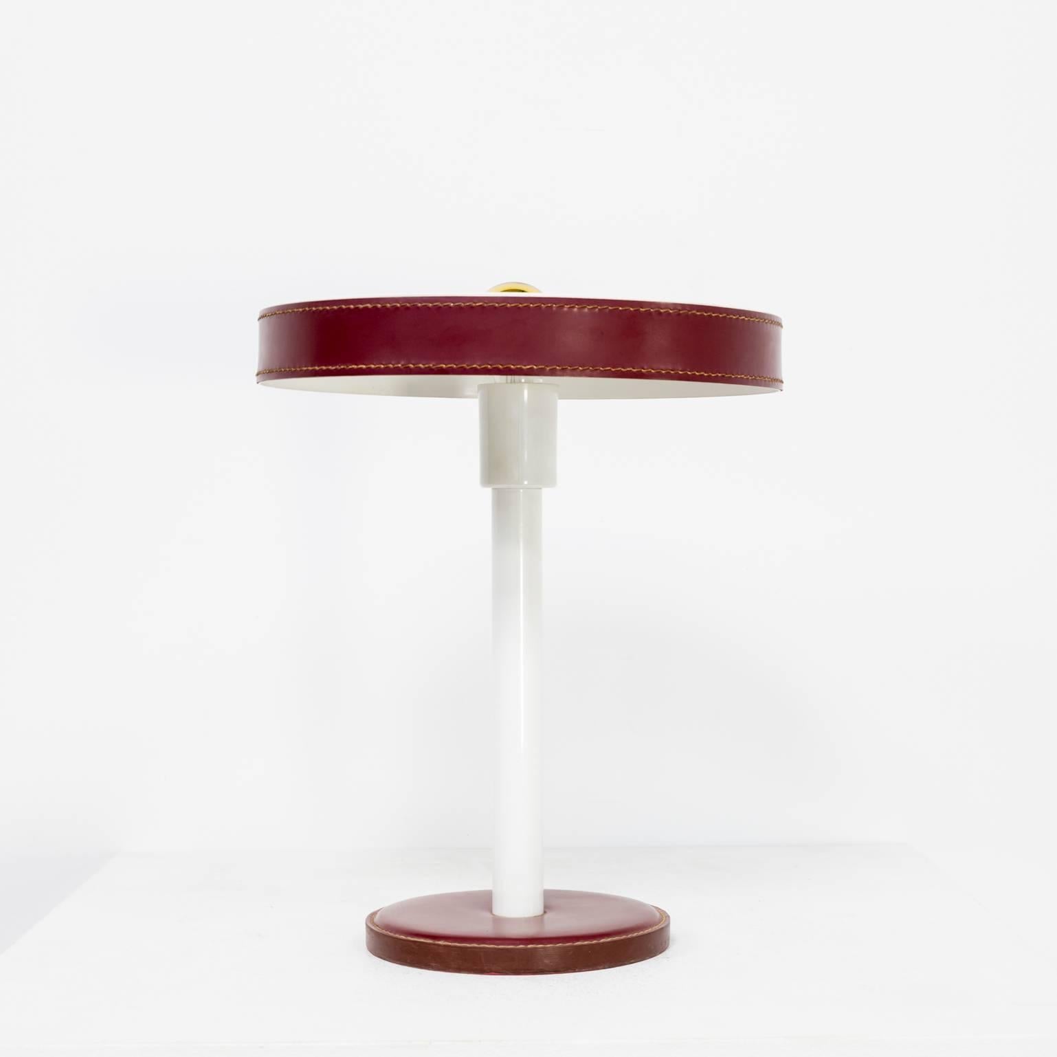 1960s Table Lamp Leather Metal by Jacques Adnet Brown or Bordeaux Set of Two In Good Condition For Sale In Amstelveen, Noord