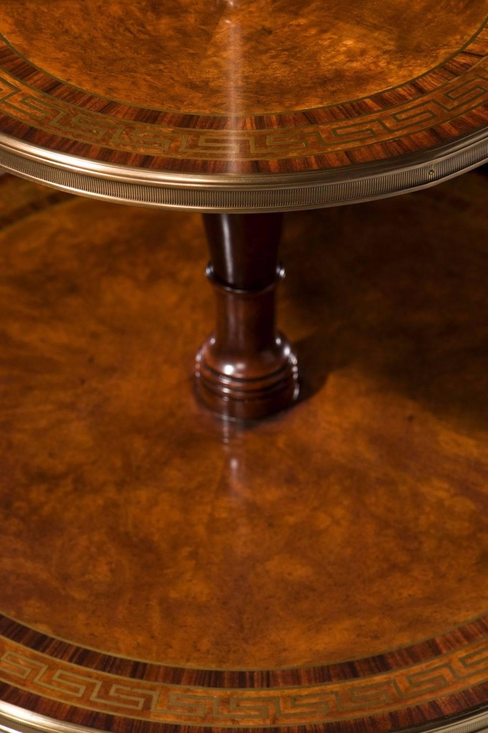 A burl veneer and brass inlaid floor lamp, the tapered hand sewn silk shade above a two tier dumb waiter lamp table, on splayed legs. The original Regency.