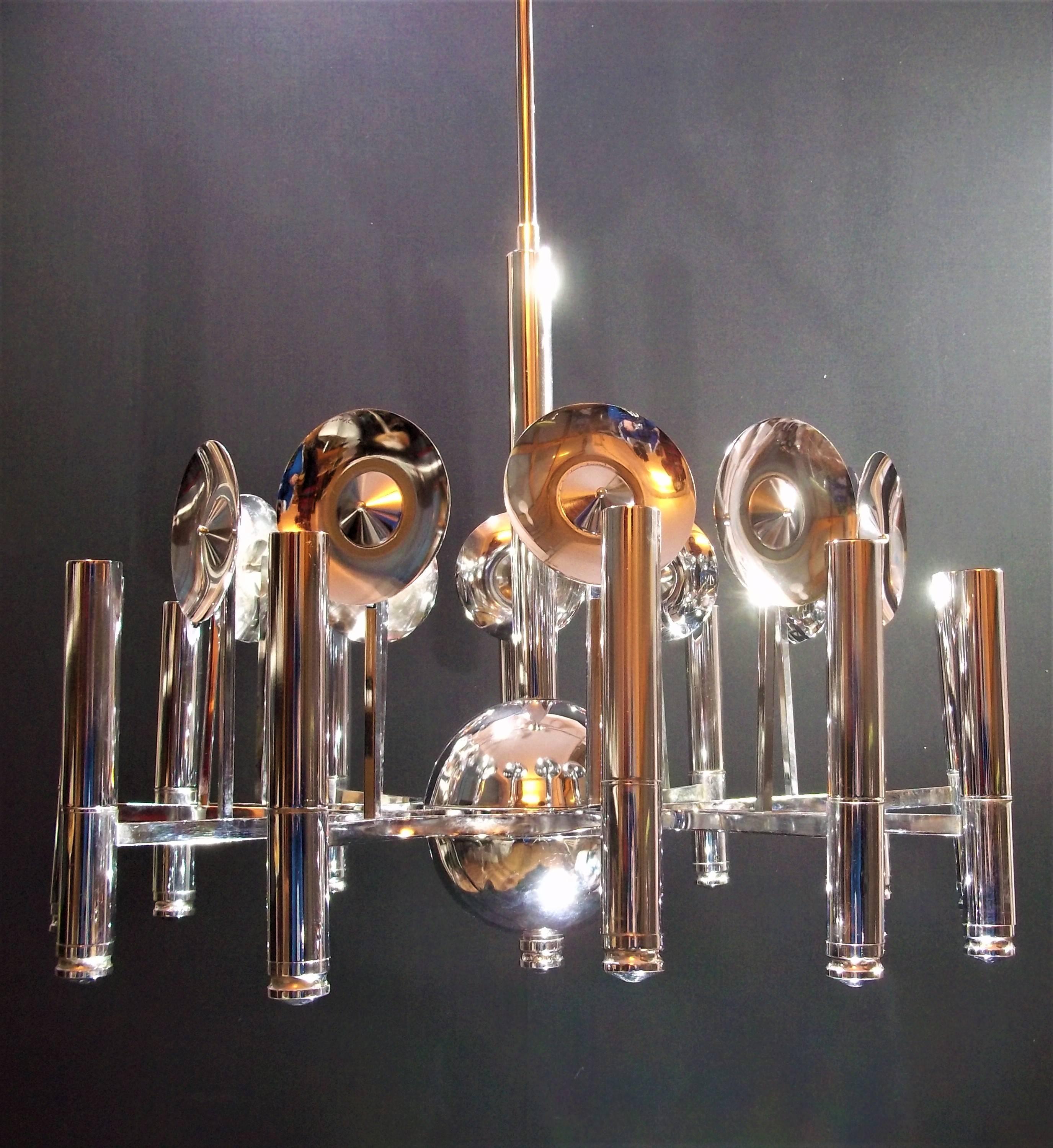 Space Age chrome and fourteen-light chandelier by Reggiani or Sciolari, Italy, circa 1970.
 