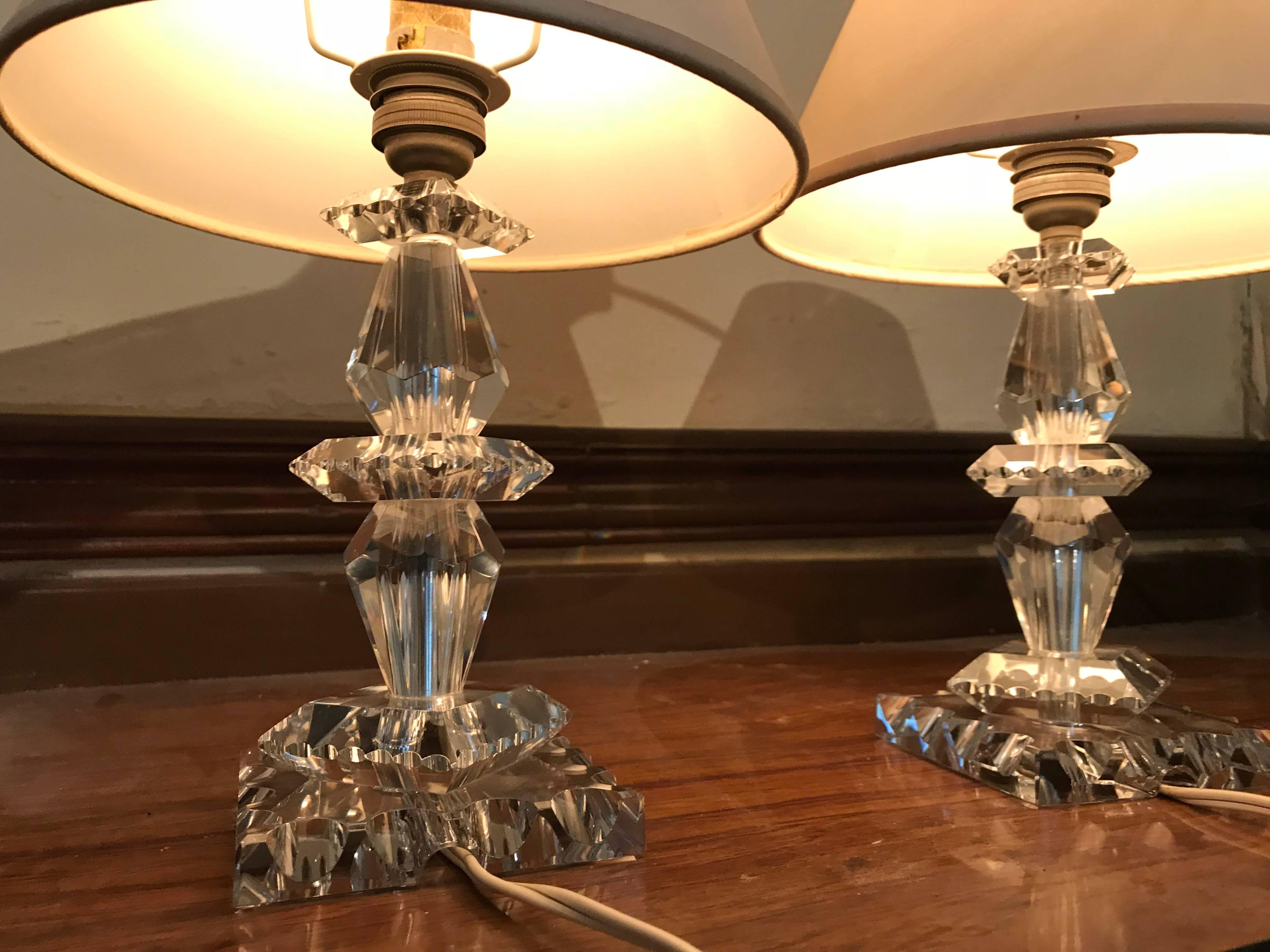 French Pair of Art Deco Lamps by Baccarat, France circa 1940, Attr. to Jacques Adnet