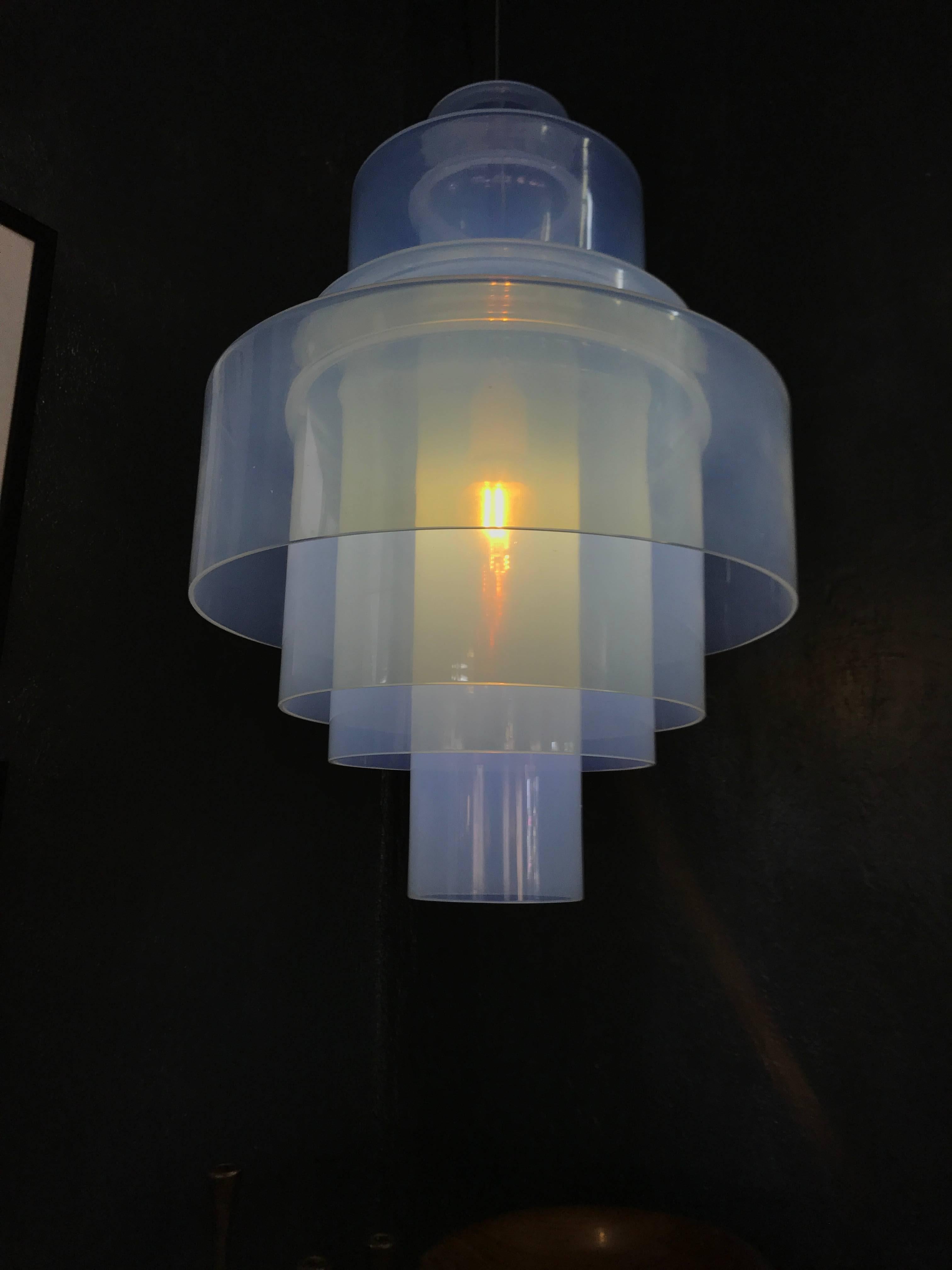 Beautiful and rare Mid-Century Modern pendan lamp by Mazzega, designed by Carlo Nason, circa 1960, Murano, Italy.
The lamp alone measures 21 inches tall and has a 15 inch diameter
Consists of four separate pieces stacked together.
The glass has