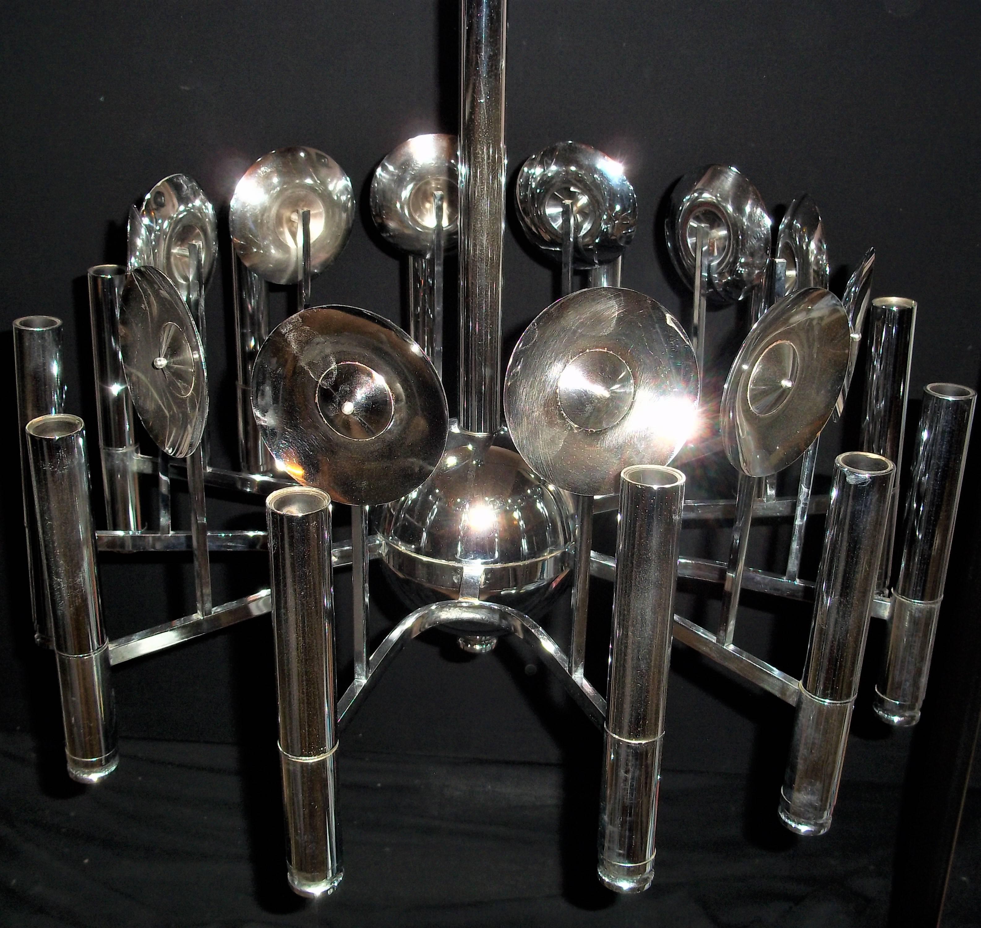 Italian Space Age Chrome and Fourteen Light Chandelier by Reggiani, Italy ca 1970
