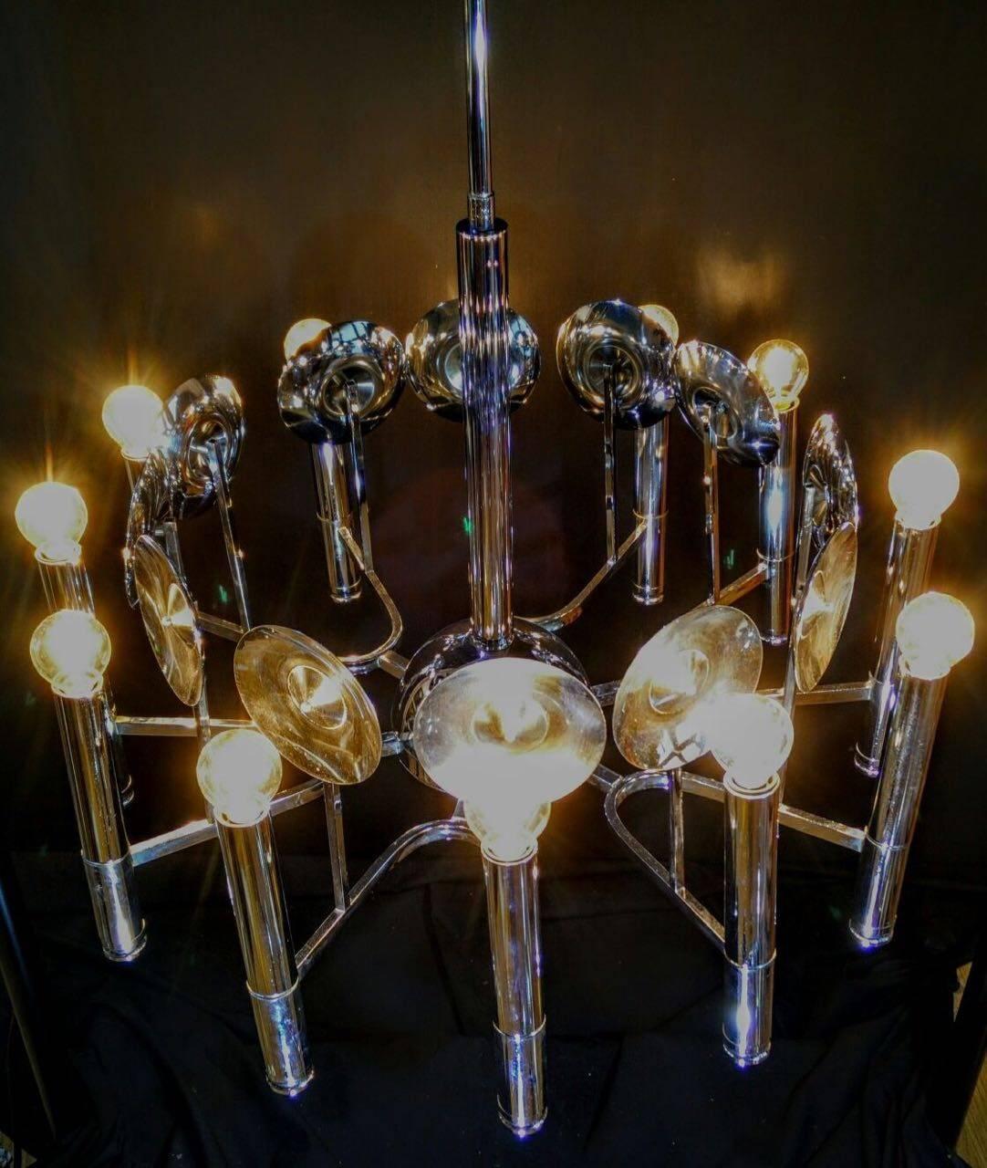 20th Century Space Age Chrome and Fourteen Light Chandelier by Reggiani, Italy ca 1970