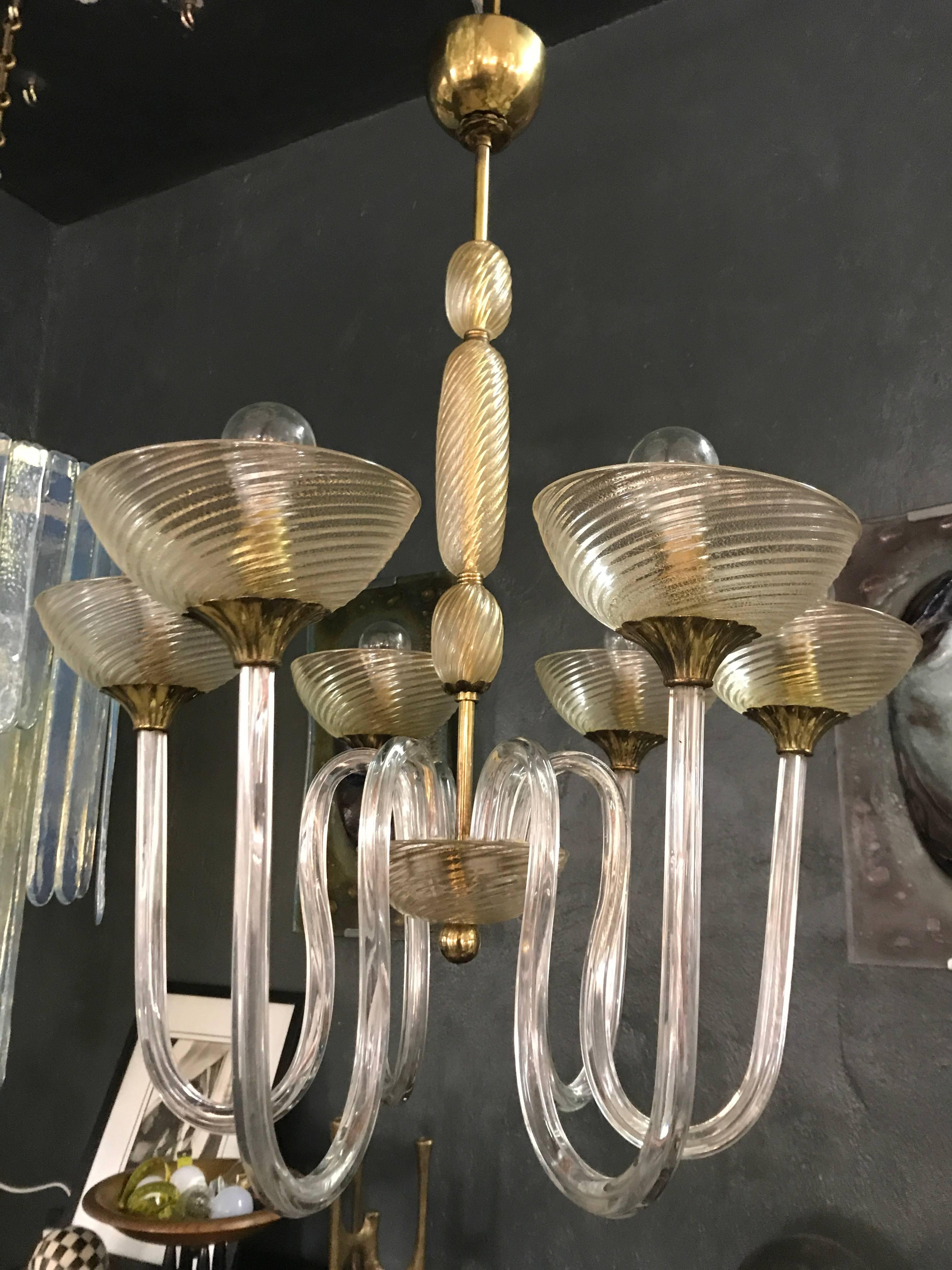 Blown Glass Art Deco Venini Chandelier in Clear and Gold Murano Glass, circa 1930