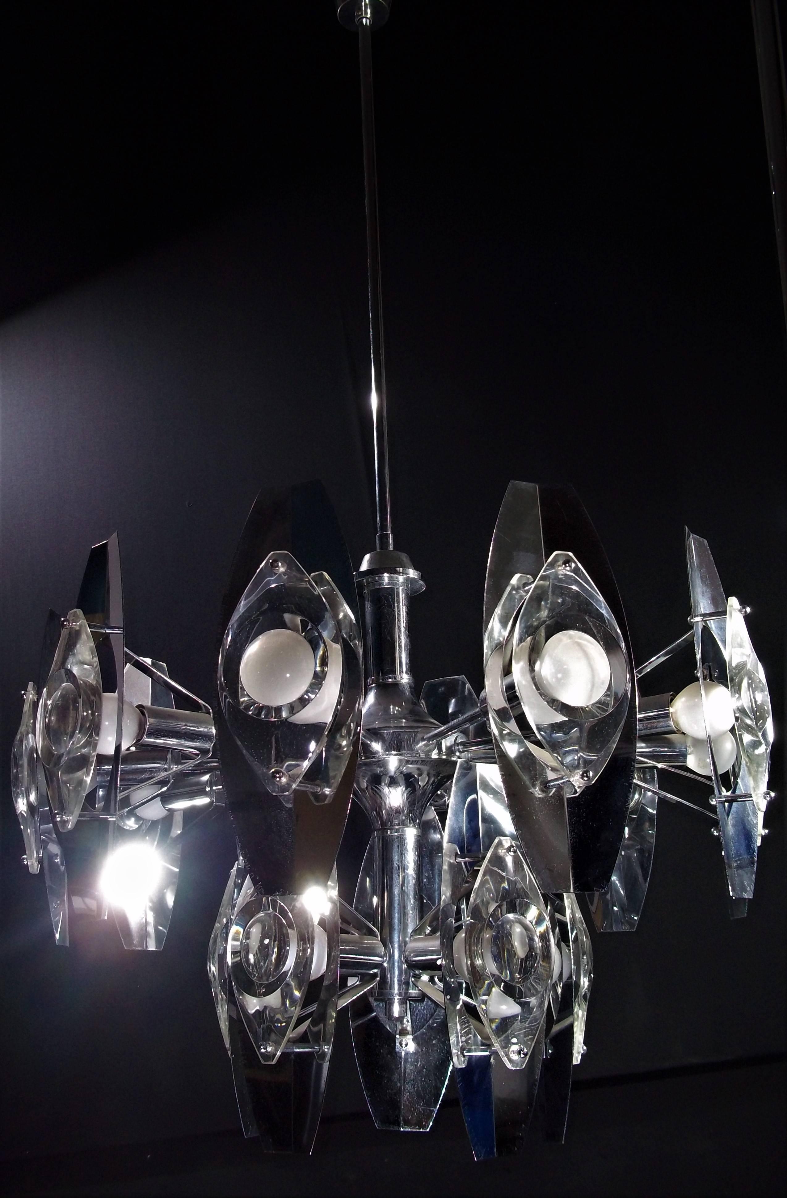 20th Century Mid-Century Modern, Space Age Sciolari Chrome and Glass Lens Chandelier, 1960s