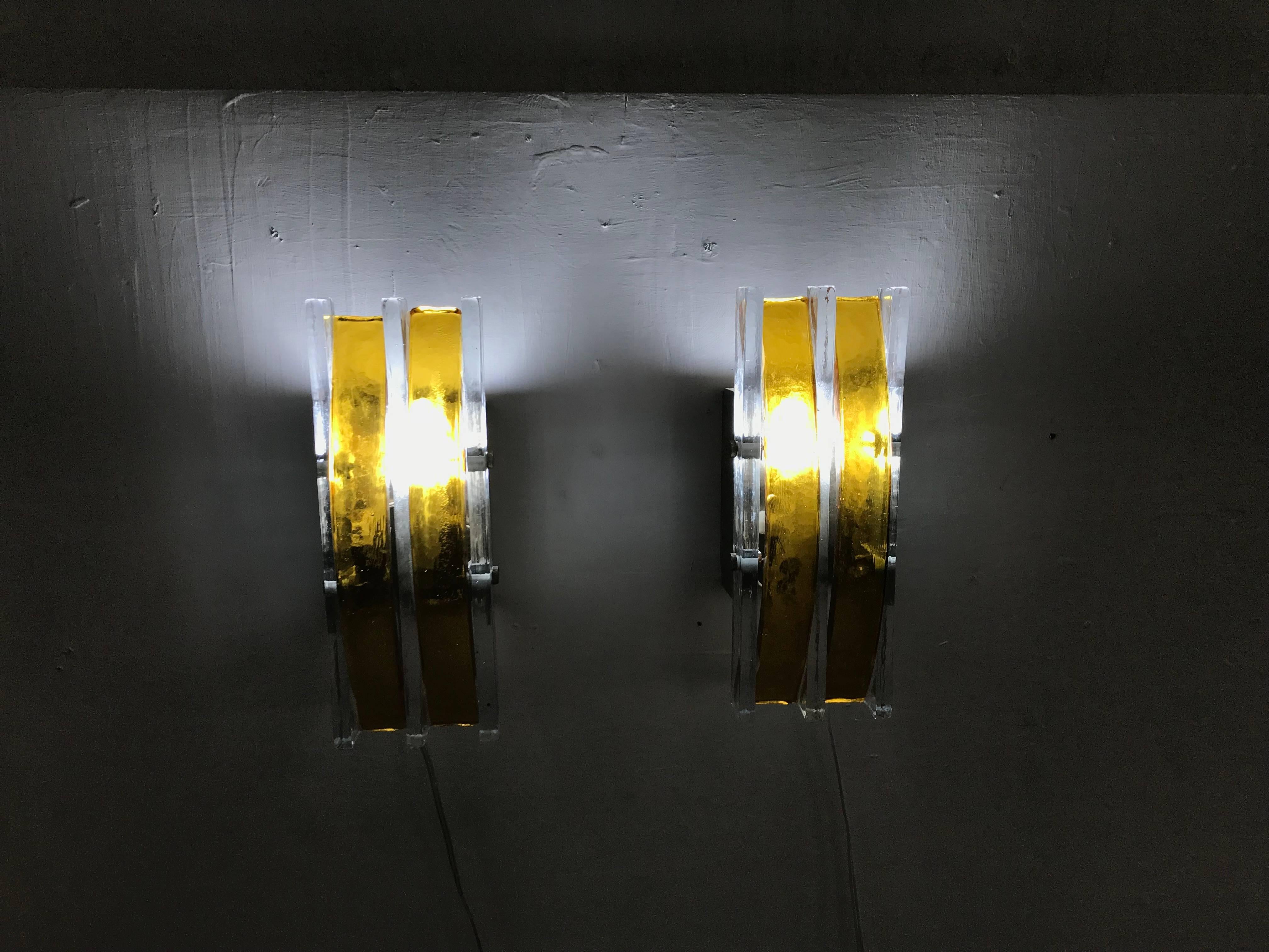 Space Age Pair of Mid-Century Modern Sconces in Murano Glass Attributed to Poliarte