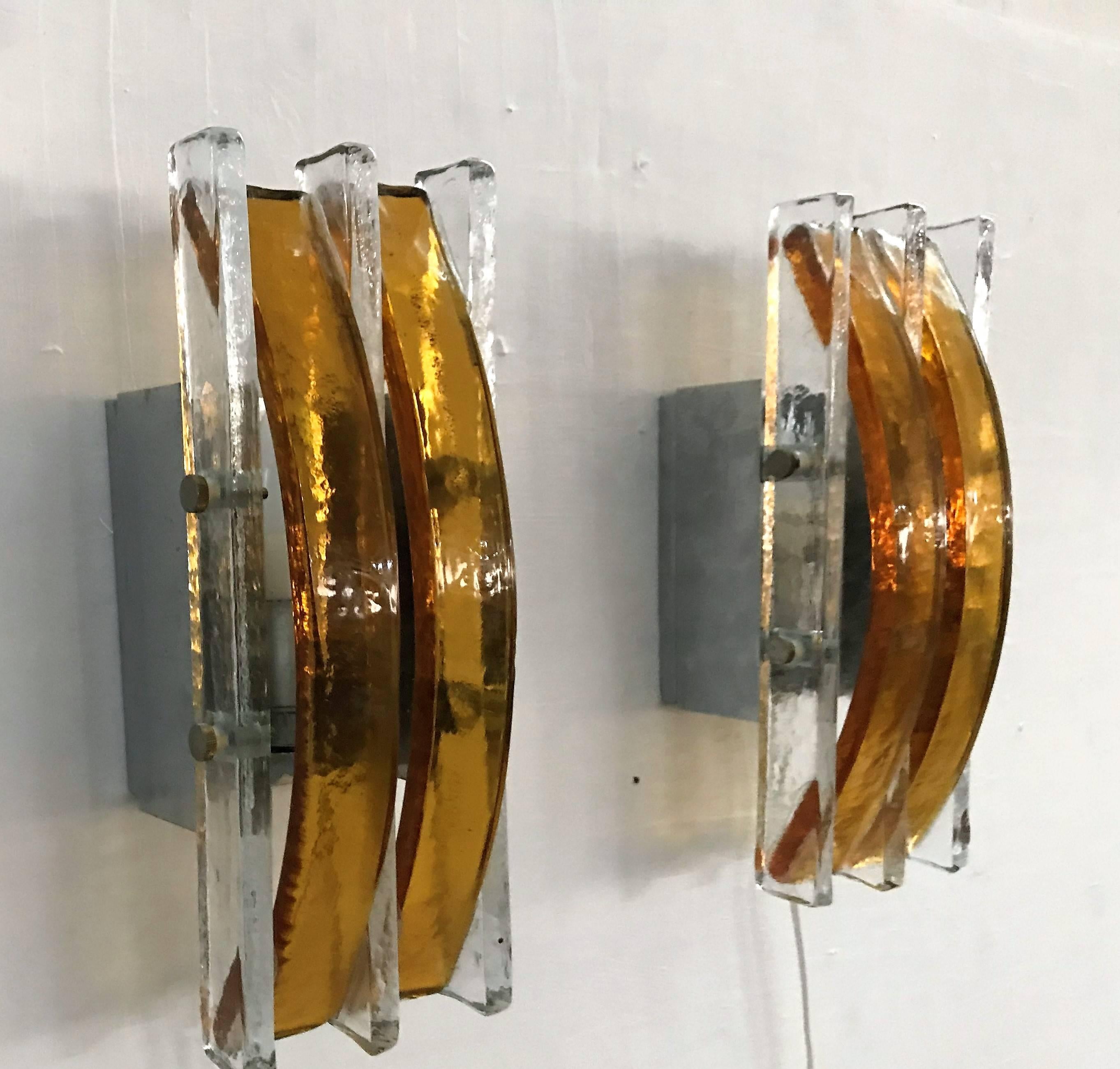 20th Century Pair of Mid-Century Modern Sconces in Murano Glass Attributed to Poliarte