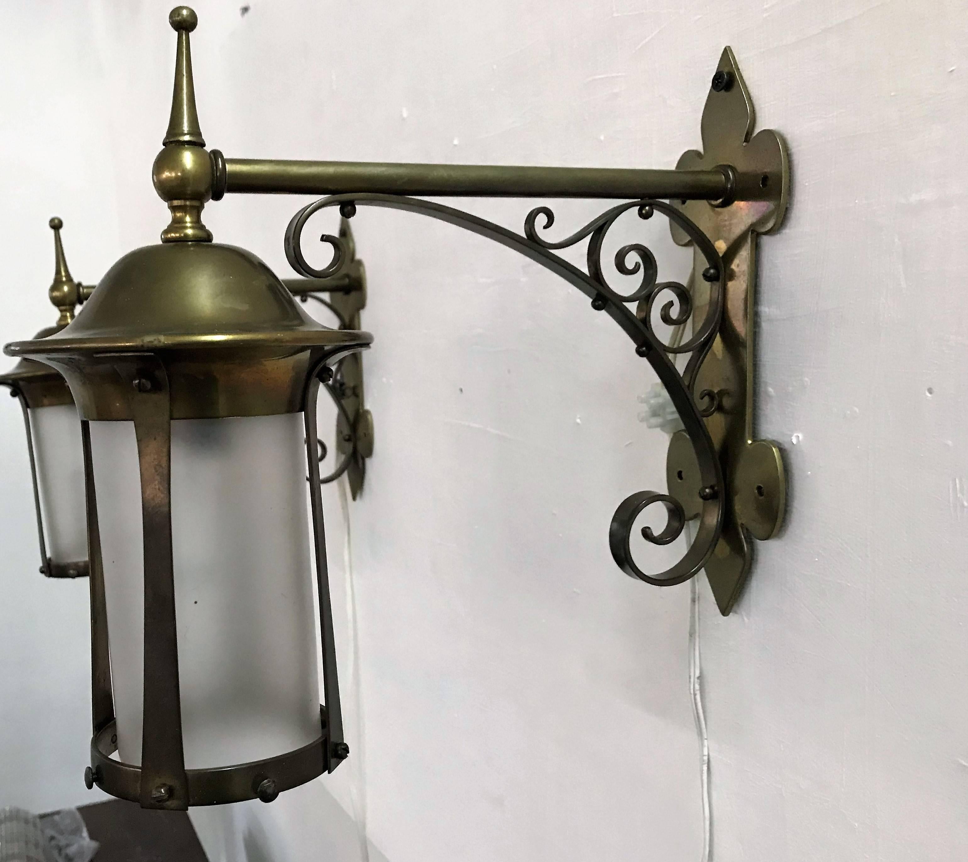 Arts and Crafts Pair of Arts & Crafts Brass and Glass Sconces in the Manner of W.A.S. Benson