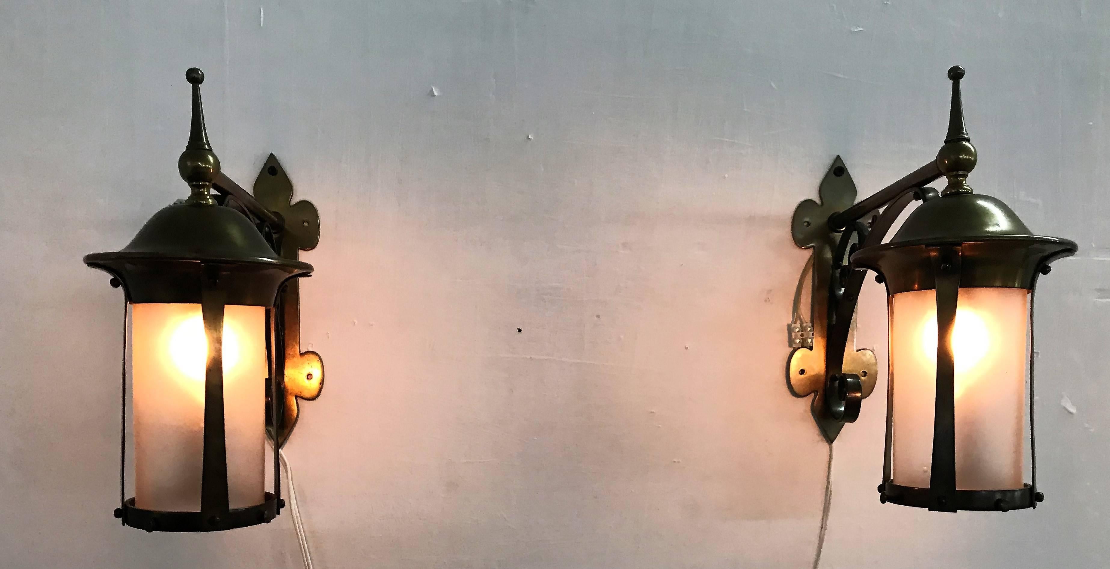 English Pair of Arts & Crafts Brass and Glass Sconces in the Manner of W.A.S. Benson