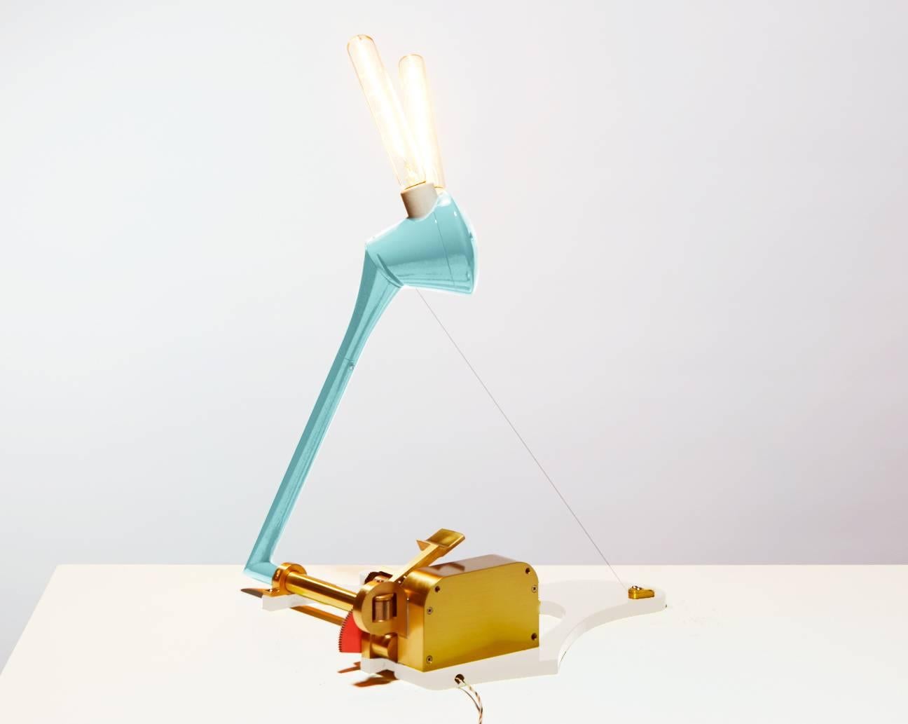 Polished Pivot Table Lamp, Limited Edition Light Sculpture in Solid Brass and Lacquer For Sale