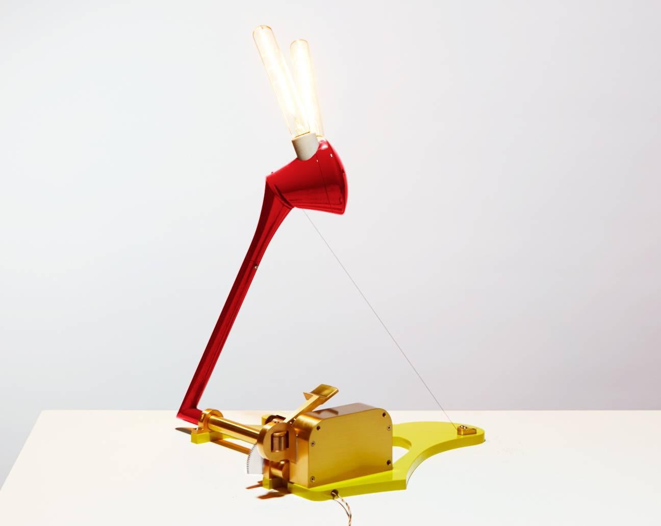 Post-Modern Pivot Table Lamp, Limited Edition Light Sculpture in Solid Brass and Lacquer For Sale