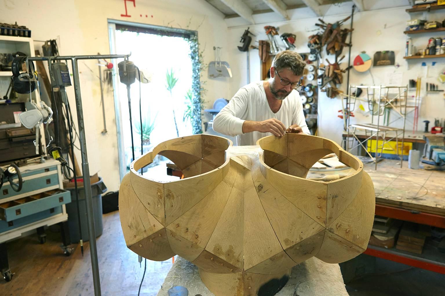 Geometric Solid Oak Wood Chandelier with Cathedral Arches by Eddy Sykes In New Condition For Sale In Los Angeles, CA