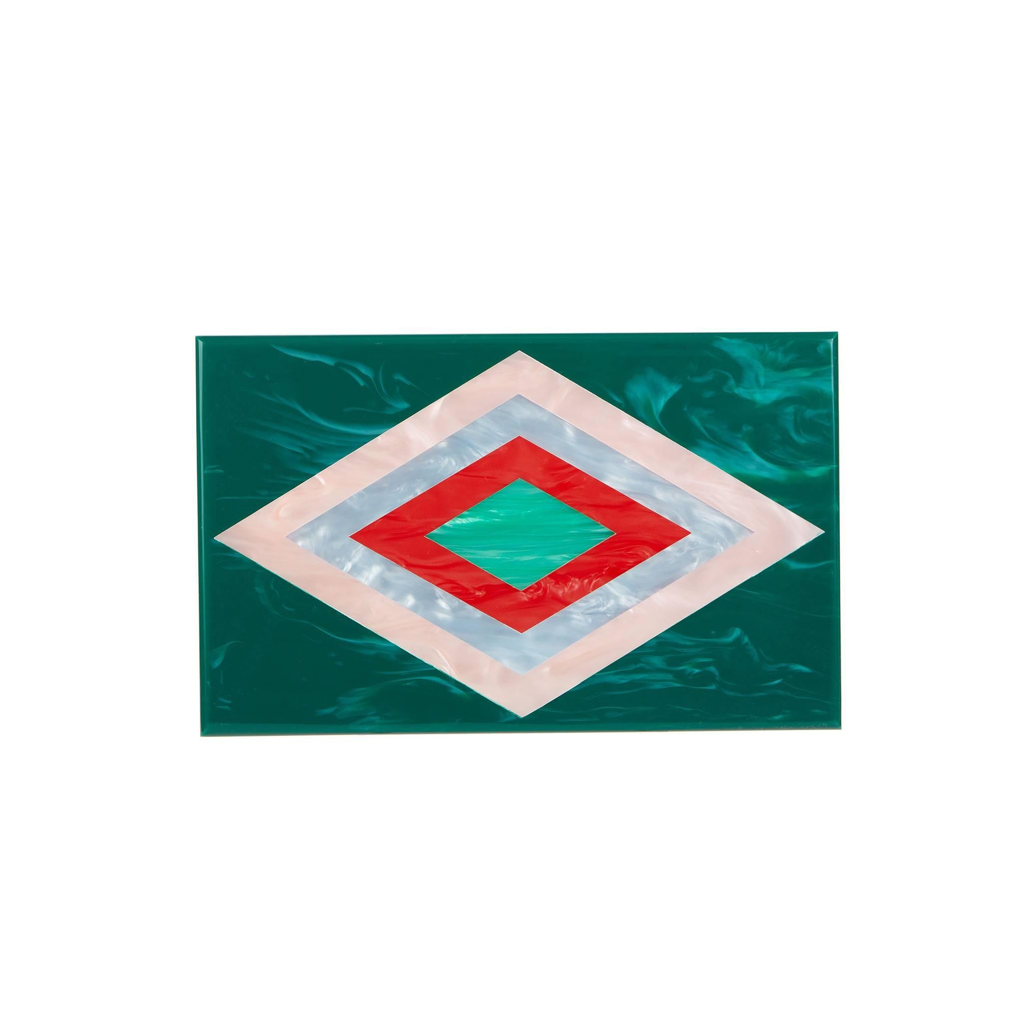 American Edie Parker Home Diamond Box in Ocean Blue Pearlescent and Malachite Acrylic For Sale