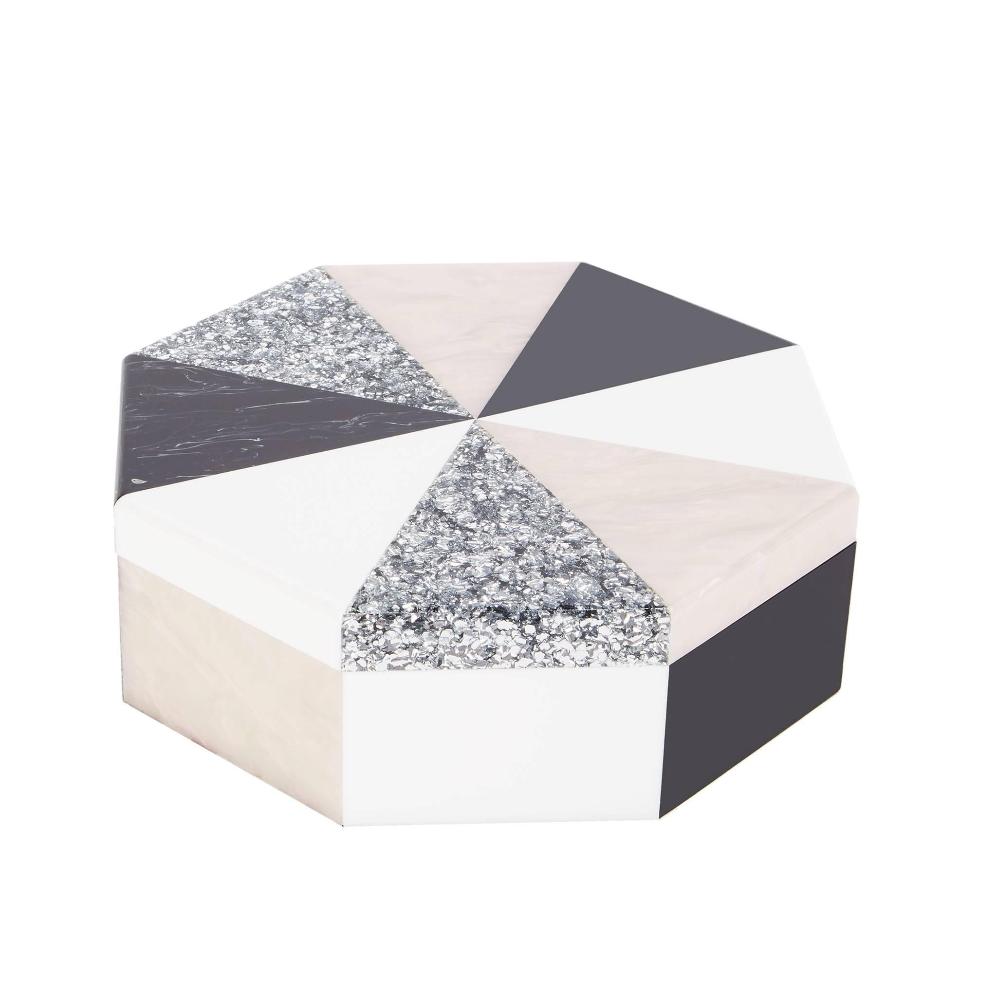 Edie Parker Home Octagon Box in Silver Confetti, White, Wonderstone and Abalone For Sale