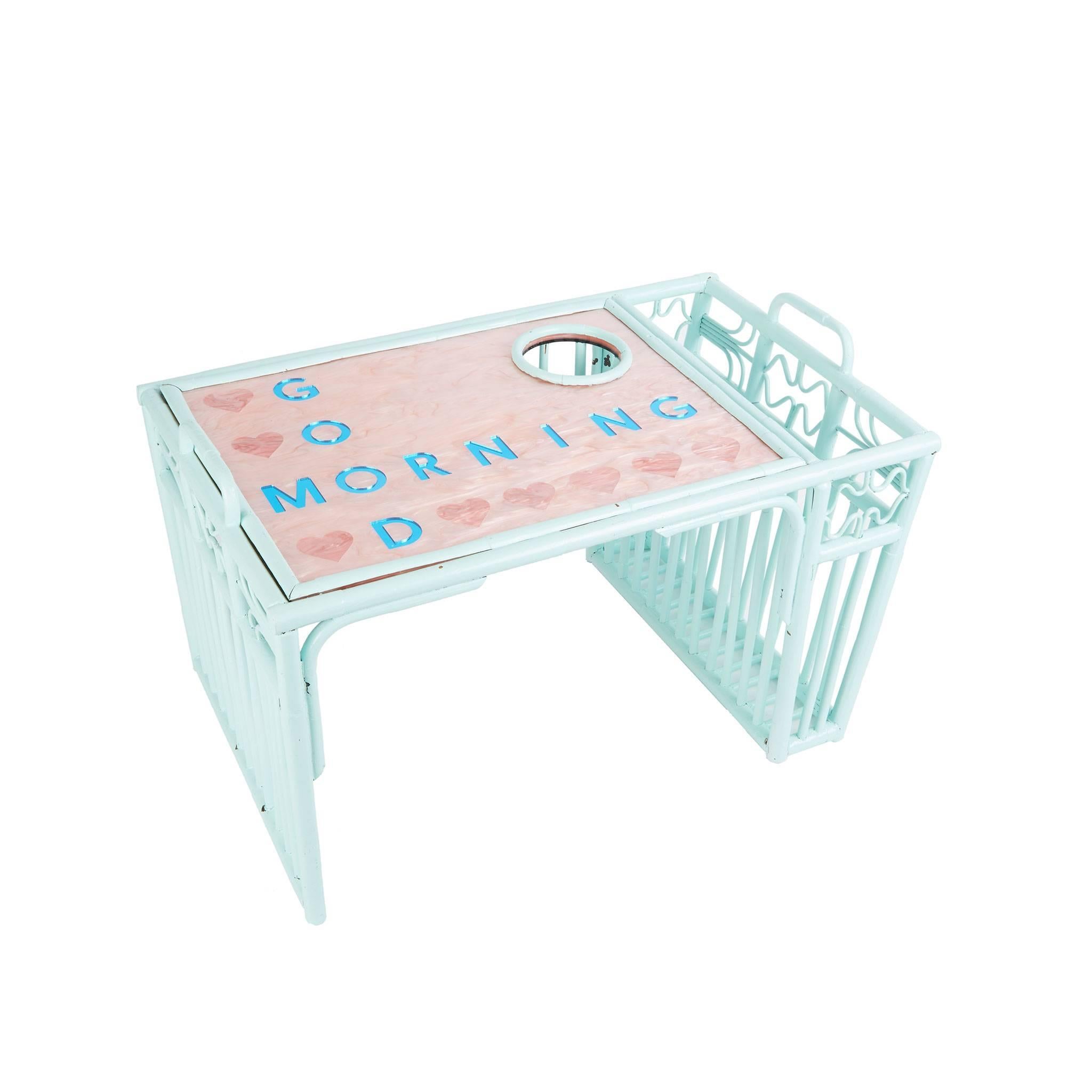 Refurbished Vintage Breakfast Tray painted in light blue with exclusive Edie Parker tray in rose quartz pearlescent, pink and blue mirror print text. 

100% hand poured acrylic base
Wood tray

Edie Parker products are handcrafted of the finest