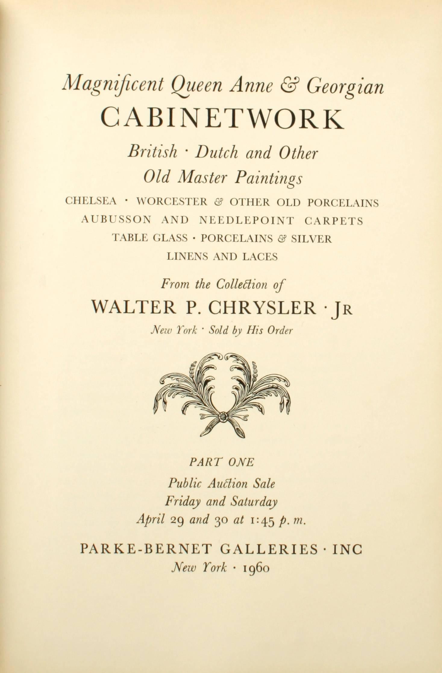 Auction catalogues from the Walter Chrysler Jr. Collection of English Furniture in two volumes. New York: Parke-Bernet Galleries, Inc., 1960. First edition hardcovers with no dust jackets as issued. Part one includes Queen Anne and Georgian
