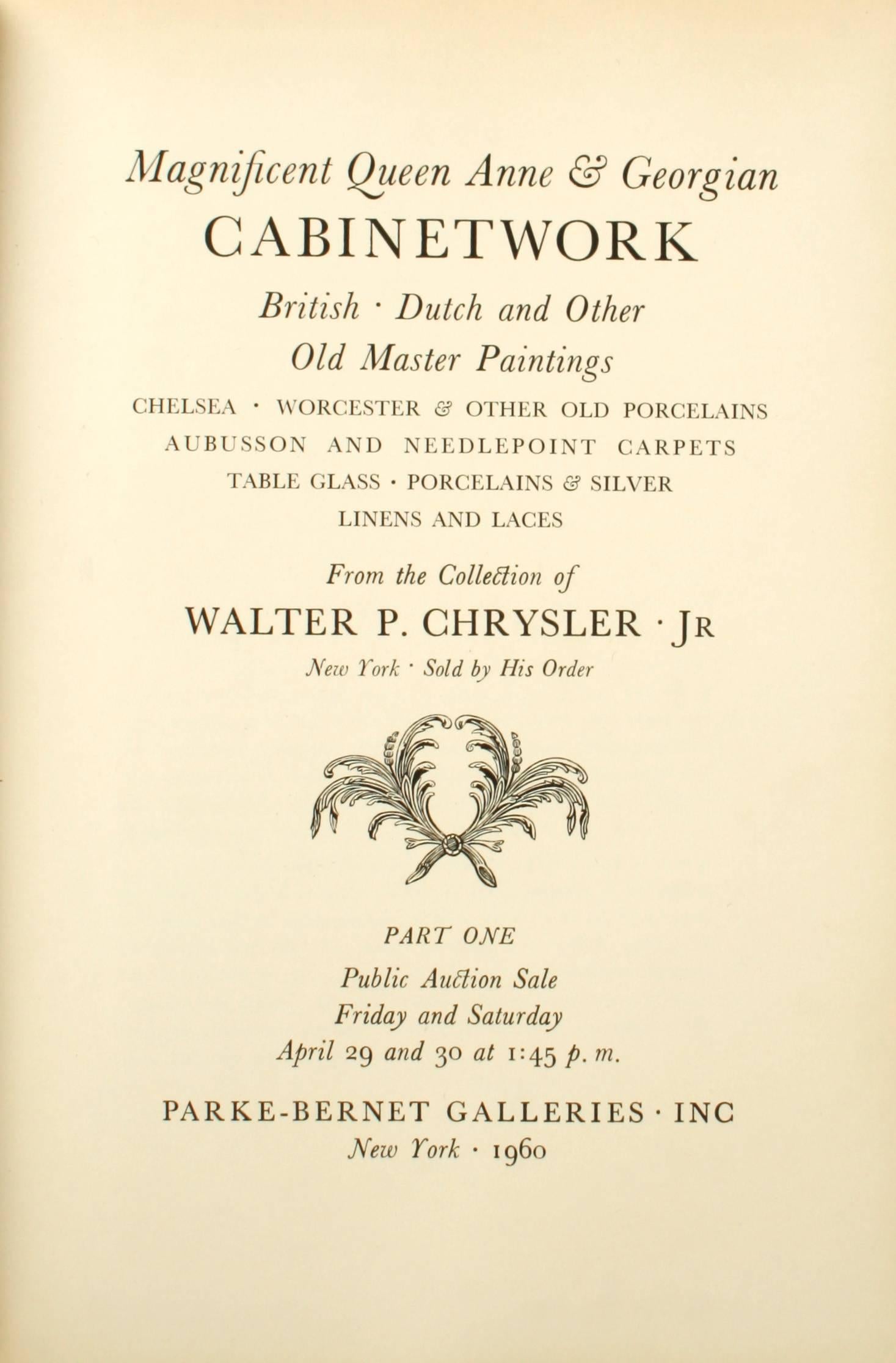 Catalogues de vente aux enchères de la collection Walter Chrysler Jr. Collection de meubles anglais en deux volumes. New York : Parke-Bernet Galleries, Inc., 1960. Couvertures rigides de première édition, sans jaquette, telles que publiées. La