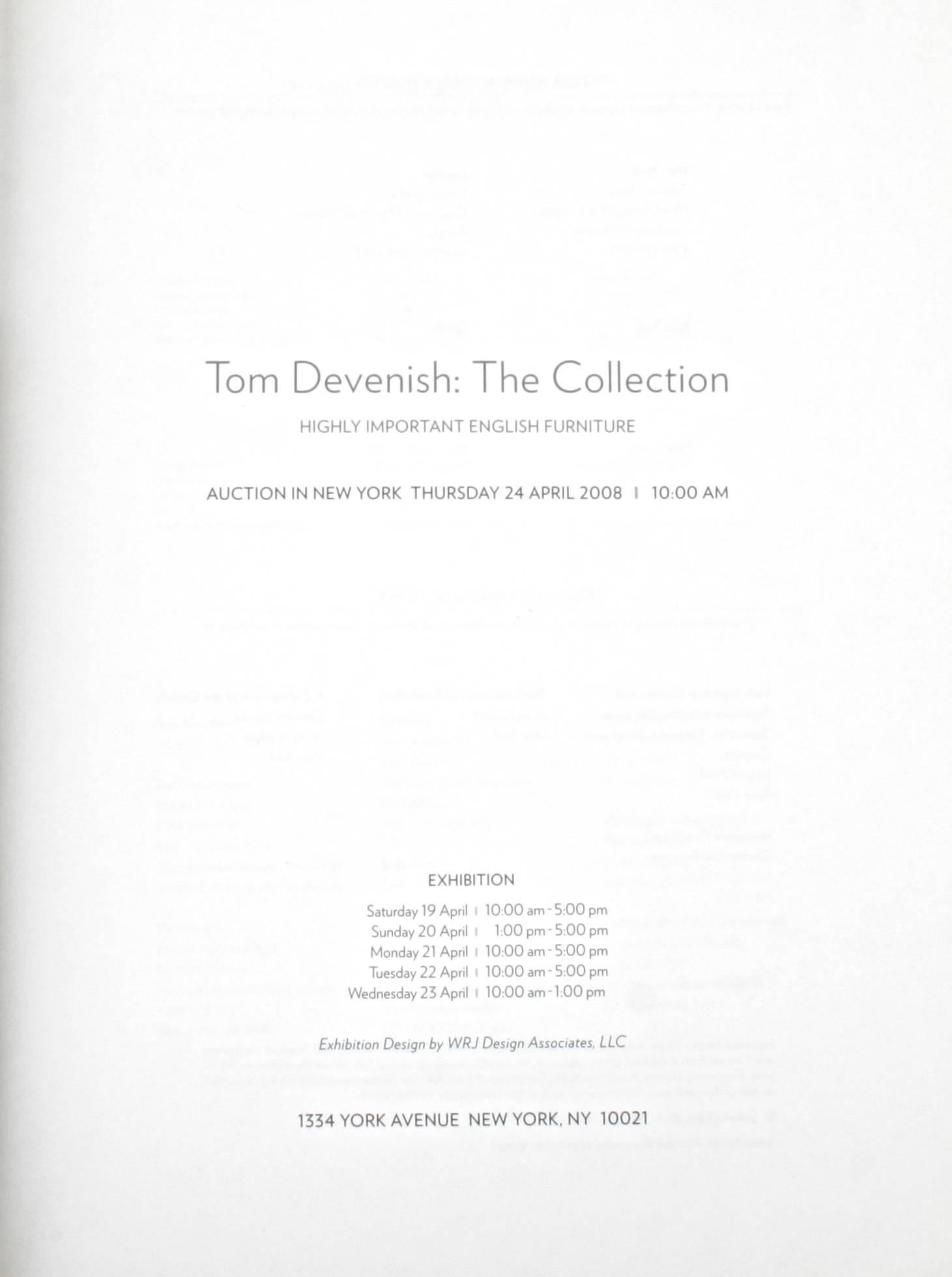 Sotheby's: Tom Devenish Collection of Important English Furniture New York April 2008. First edition softcover. Tom Devenish, was a New York dealer in fine English furniture who died in 2002, had a large collection of 18th c antiques. He also was