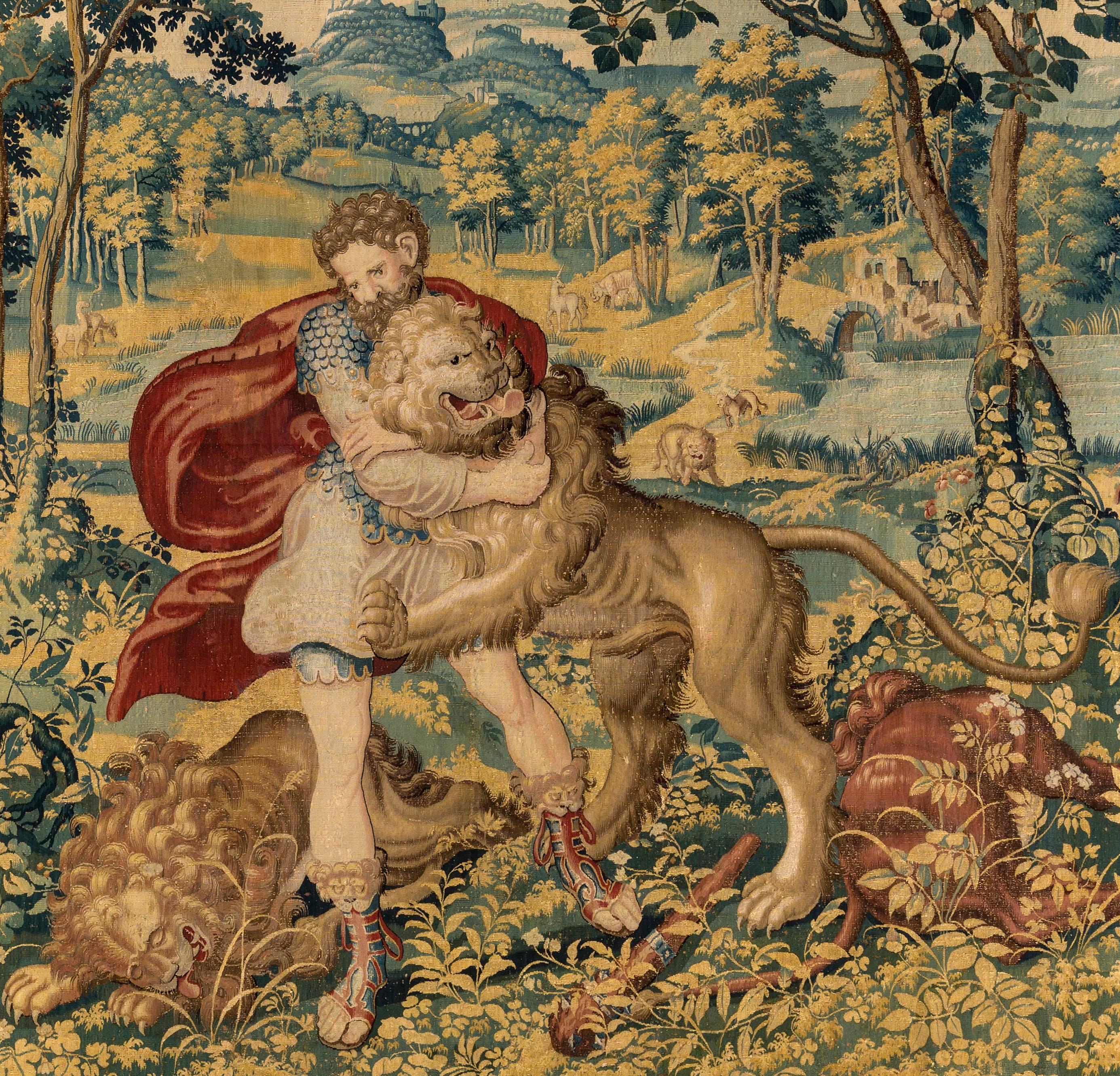 Hercules and the Nemean Lion
Flanders - Brussels
16th century

This tapestry depicts the killing of the Nemean Lion, which is the first of the 12 labours ordered to Hercules by Eurystheus, king of Argos. This animal, which skins was so tough