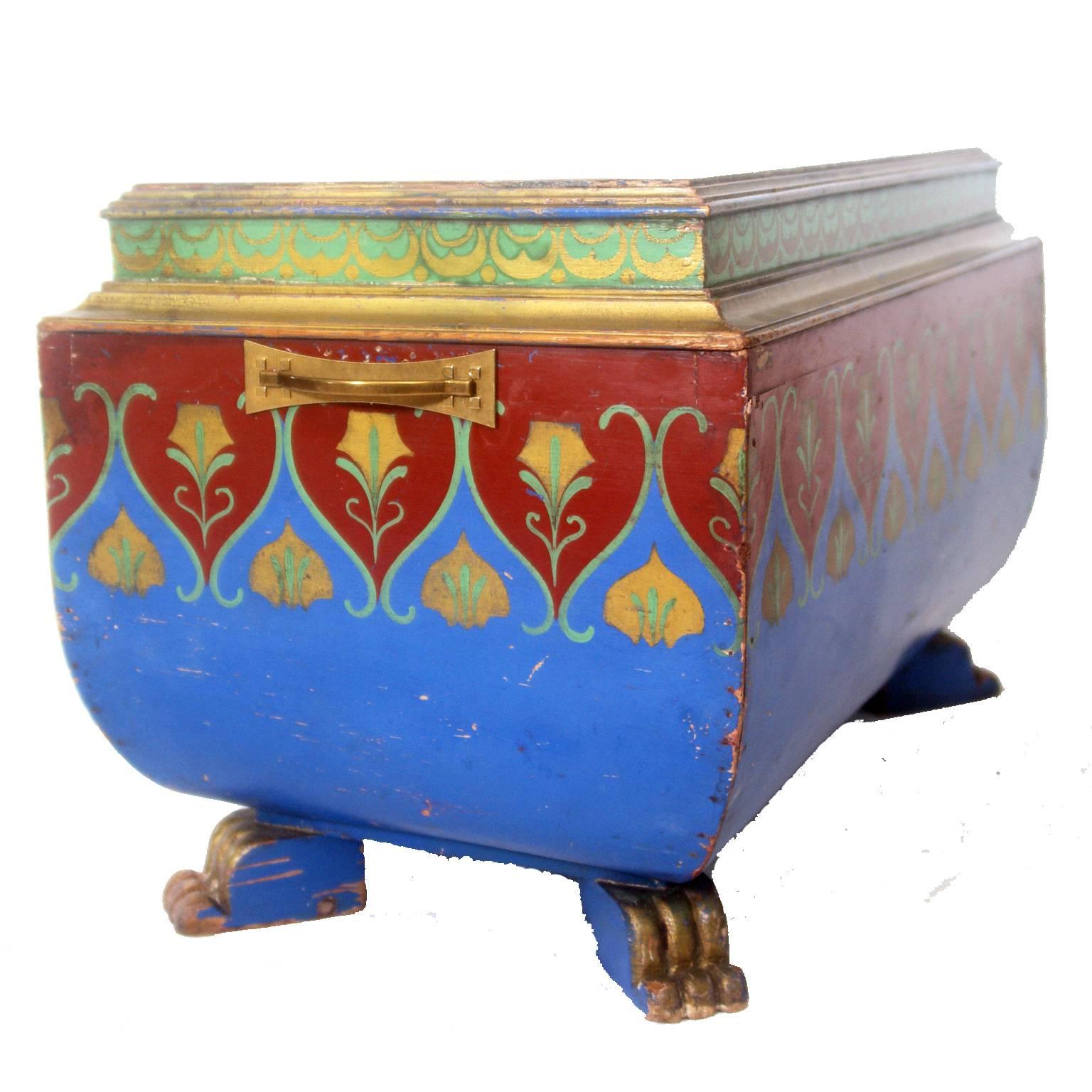 Late 19th century painted sarcophagus side table or footstool. In original unrestored condition this handmade, what appears to be, oak sarcophagus is in its original paint.
Stylistically Art Nouveau or Turkish Ottoman. The origin of the piece is