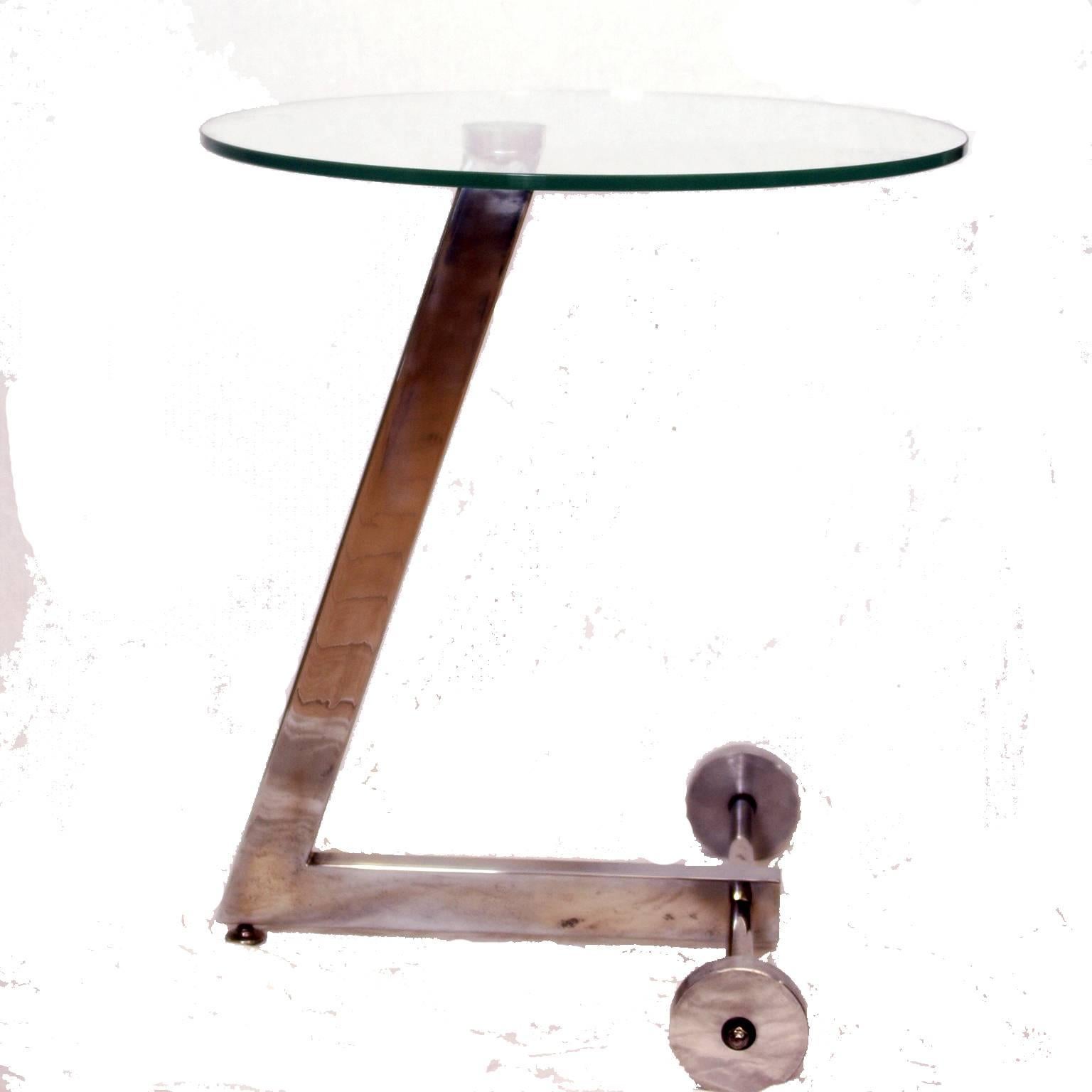 English 1960s Round Glass and Chrome Wheeled Side Table
