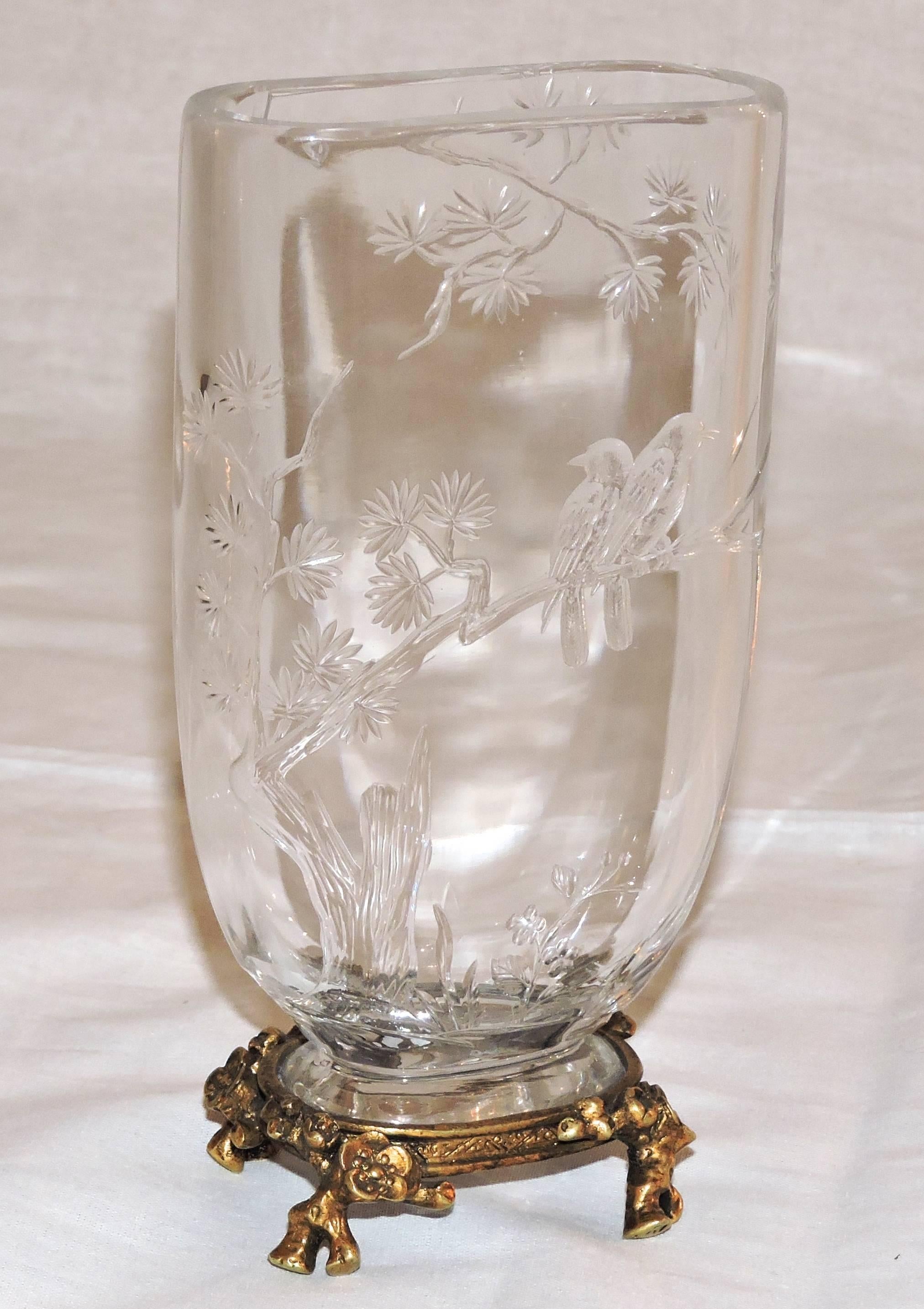 French Japonisme Cutted Crystal Vase Attributed to Maison Baccarat with Ormolu Mount