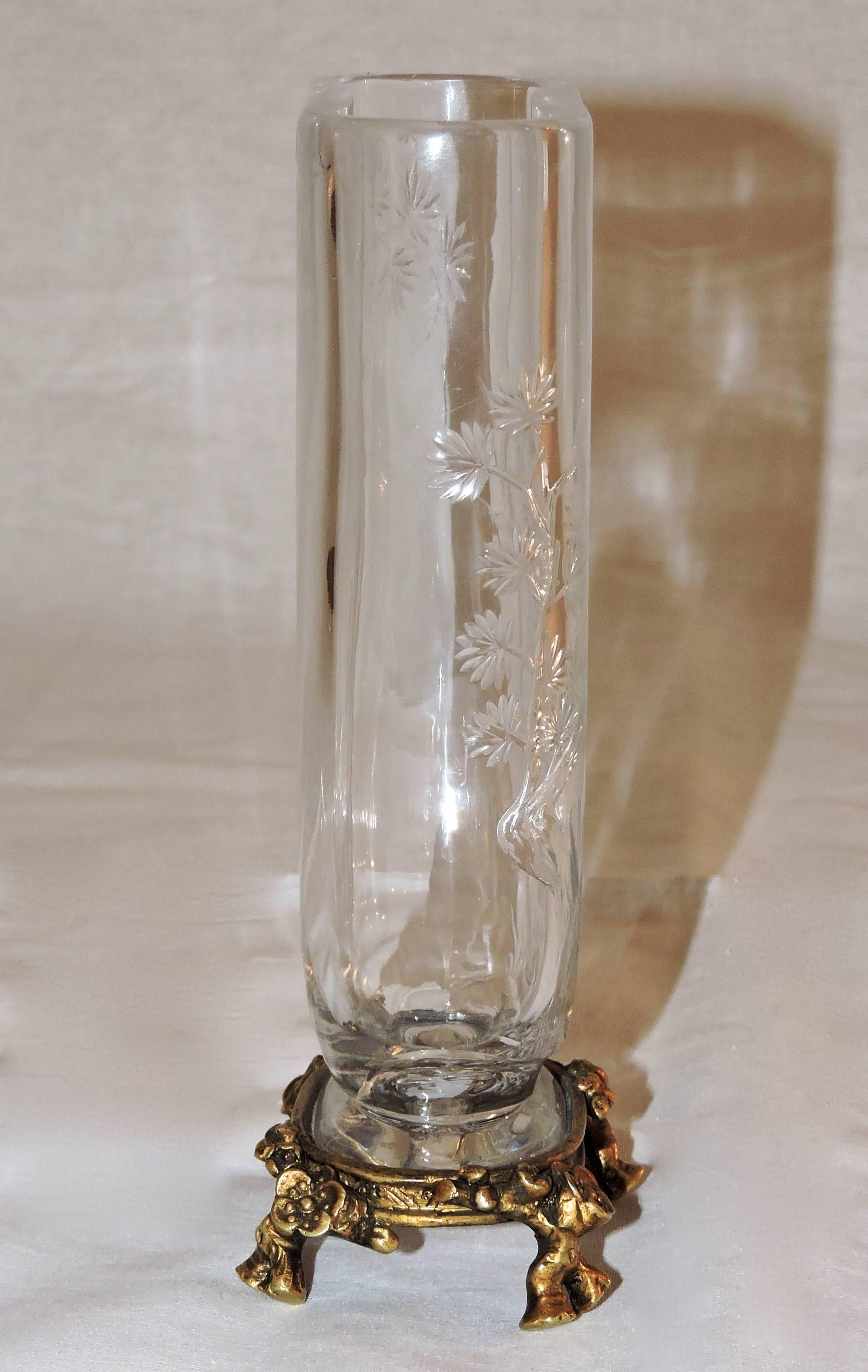 Late 19th Century Japonisme Cutted Crystal Vase Attributed to Maison Baccarat with Ormolu Mount