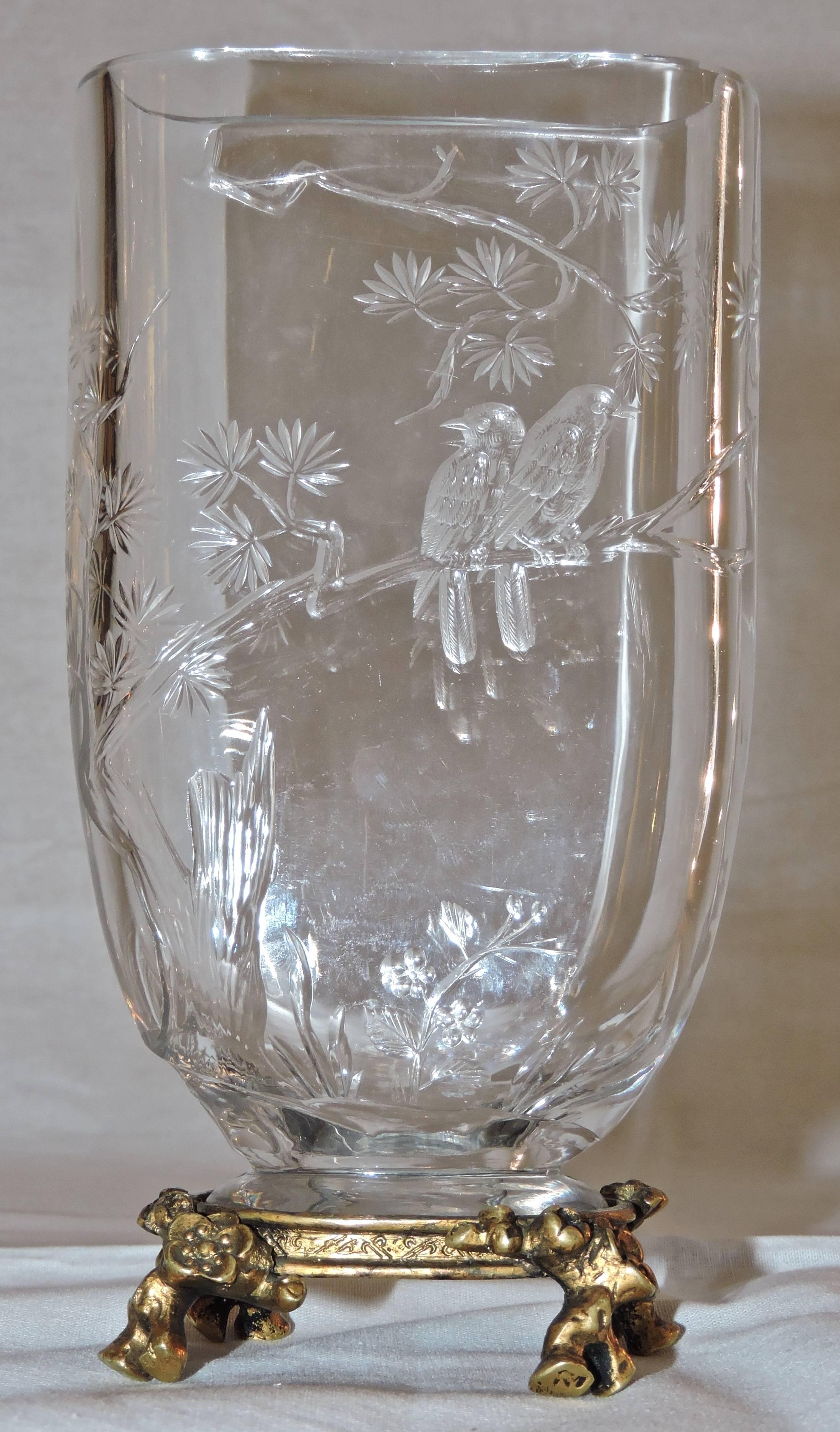 A Japonisme cutted crystal vase attributed to Maison Baccarat with ormolu mount, birds and vegetal design
Numbered 6.