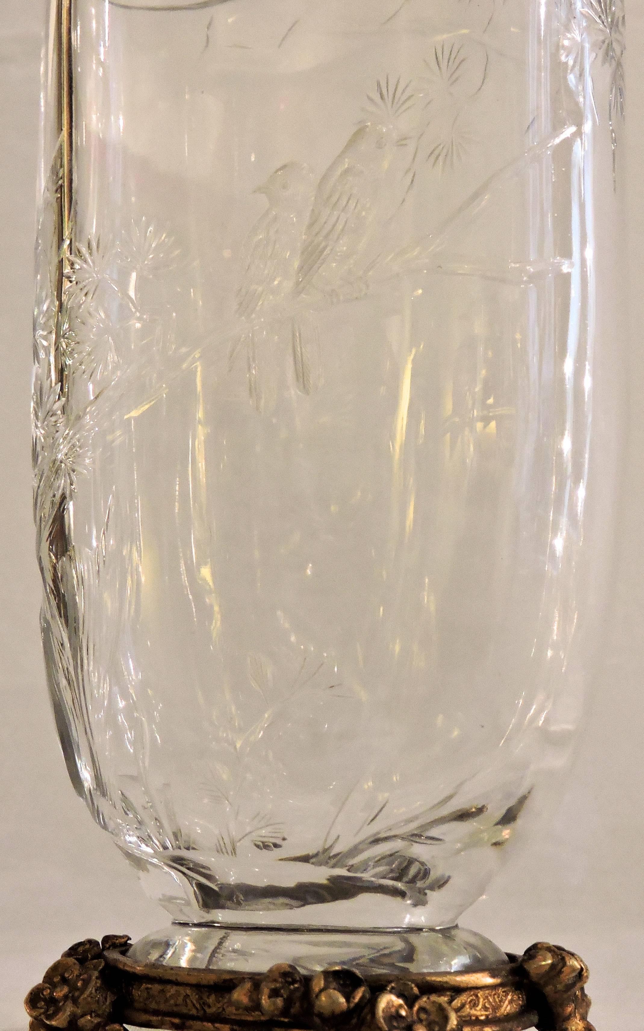 Gilt Japonisme Cutted Crystal Vase Attributed to Maison Baccarat with Ormolu Mount