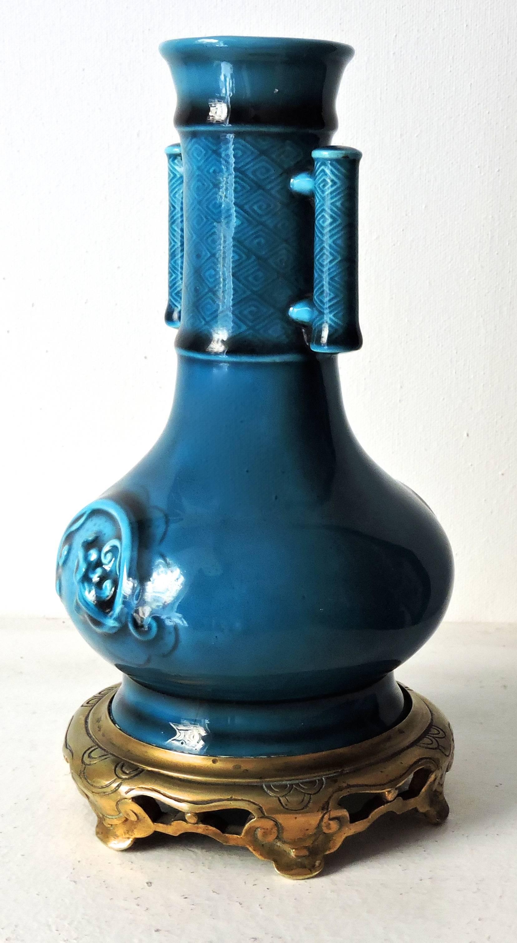 French Théodore Deck Faience Blue Persian Baluster Vase with Ormolu Mount