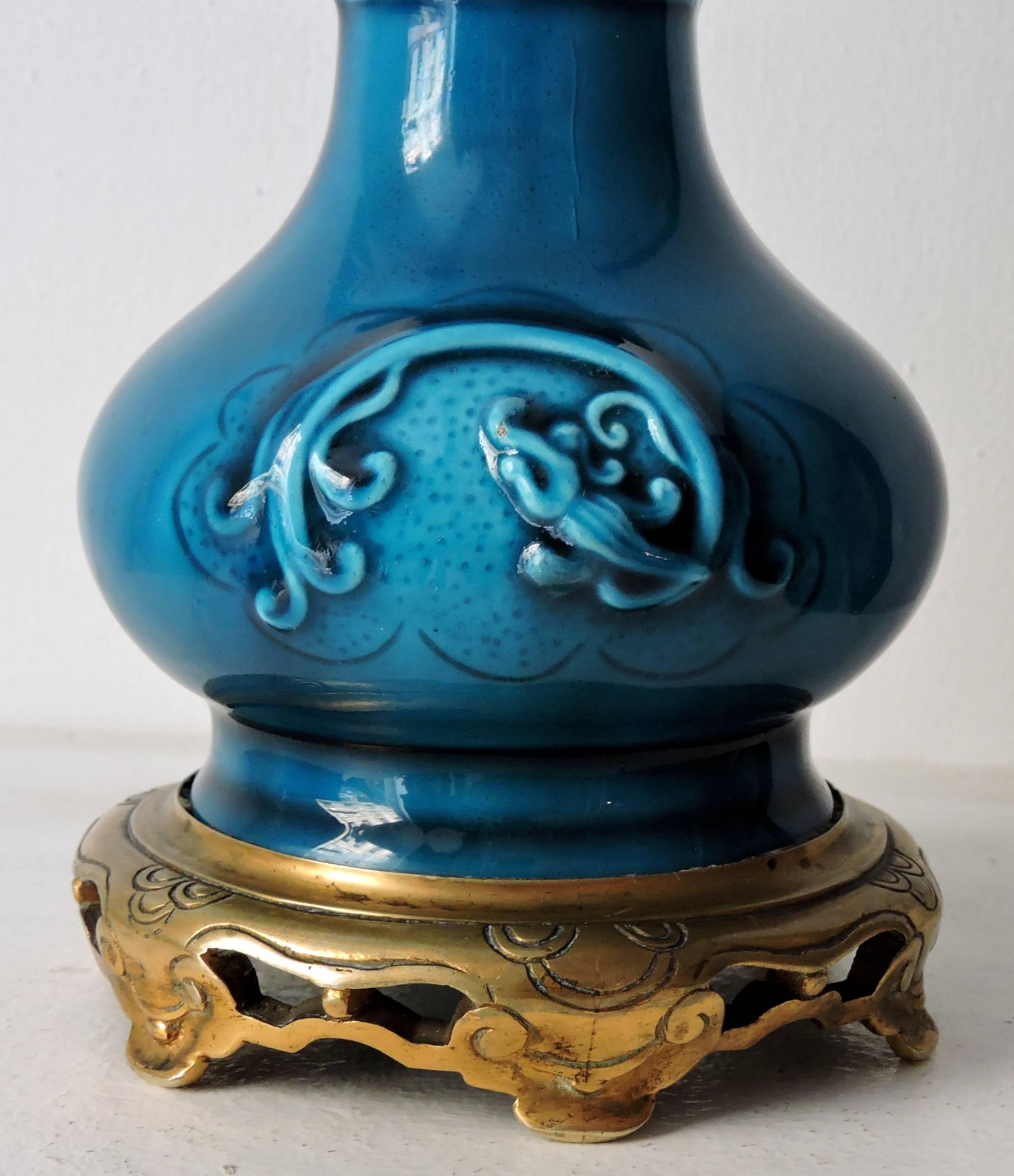 19th Century Théodore Deck Faience Blue Persian Baluster Vase with Ormolu Mount