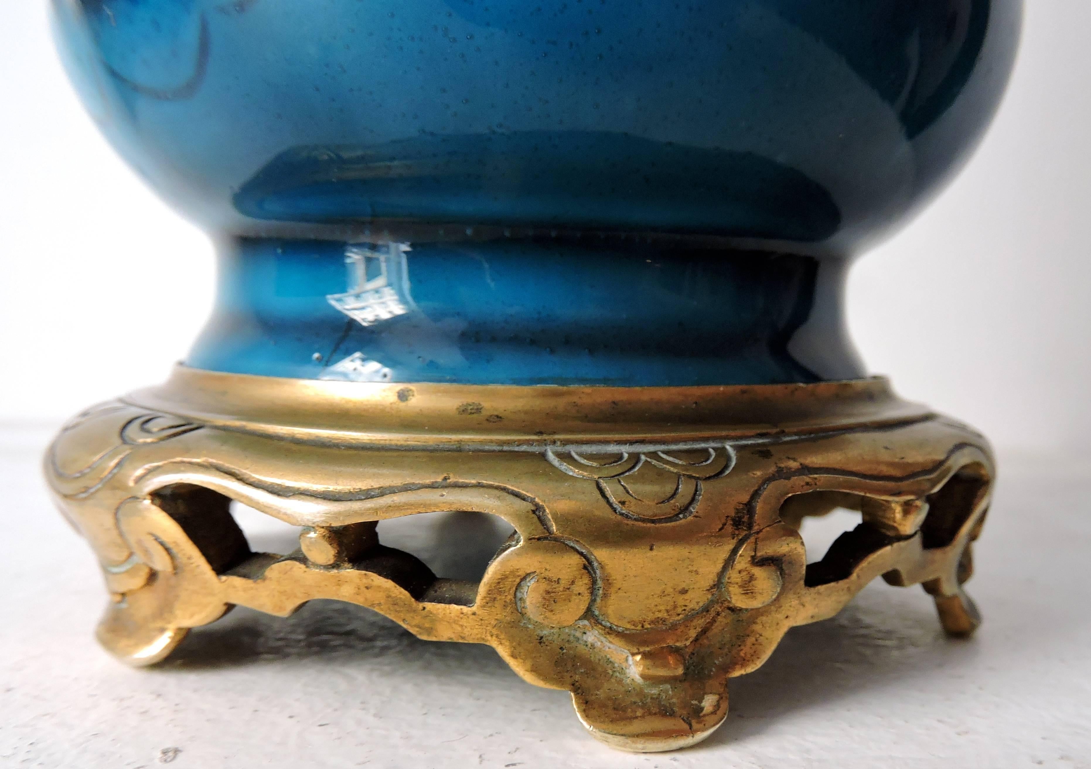 Théodore Deck Faience Blue Persian Baluster Vase with Ormolu Mount 1