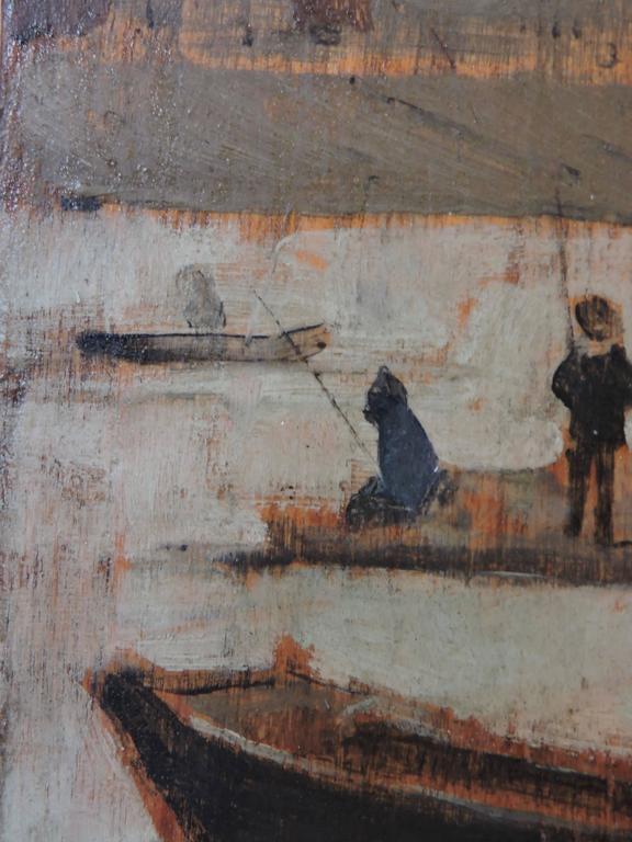 Pêcheurs à La Ligne, Oil on Wood Panel Attributed to Pierre