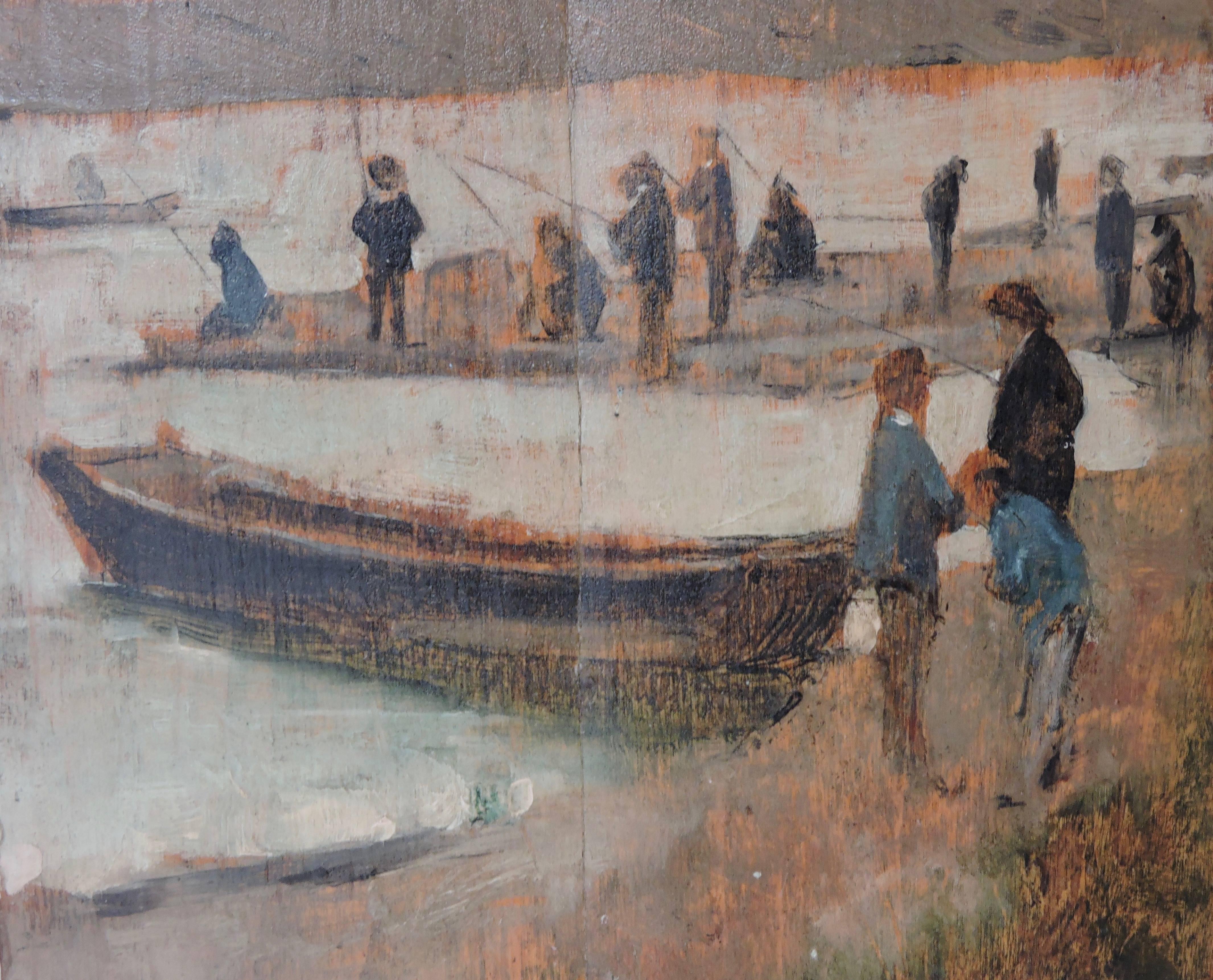 French Pêcheurs à La Ligne, Oil on Wood Panel Attributed to Georges Pierre Seurat